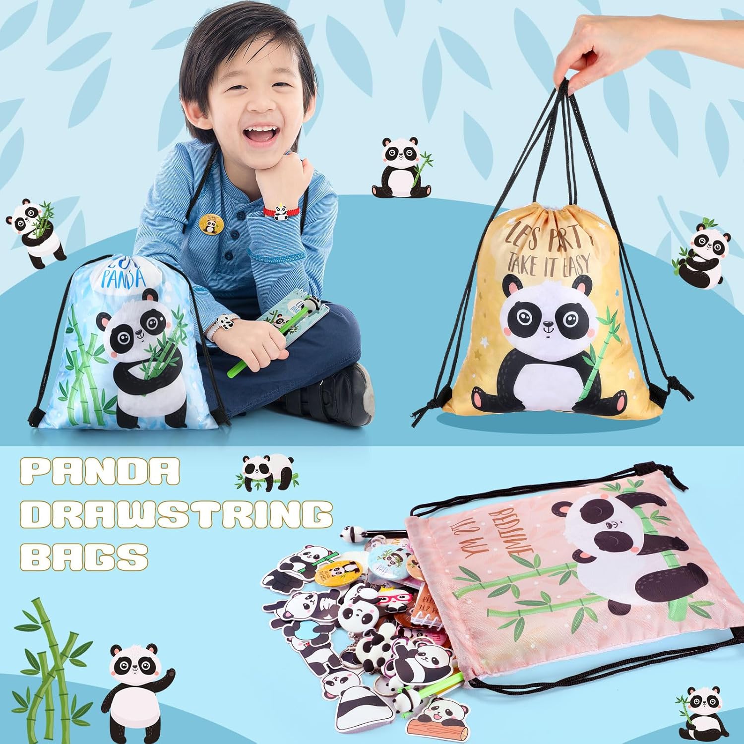 Abbylike 117 Pcs Panda Party Favors for Kids Panda Themed Birthday Party Decorations Include Stickers Keychain Notebook Drawstring Bags Badges Pens Silicone Wristbands