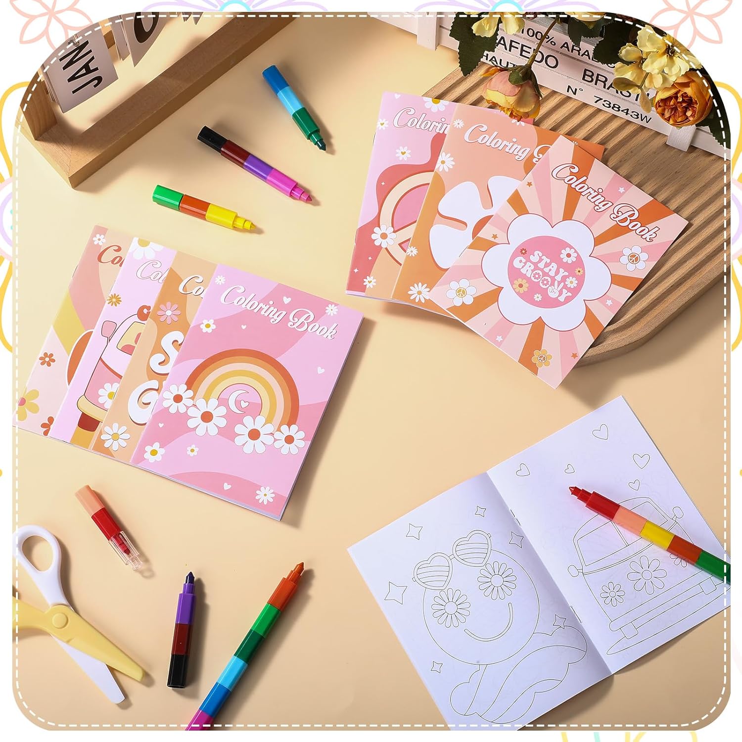 Funrous 24 Pcs Hippie Boho Coloring Books with 24 Stacking Crayons Set Stay Groovy Mini Coloring Book Peace Sign Vibe Bus Daisy Rainbow Activity Gifts for Groovy Birthday Party Supplies Decorations