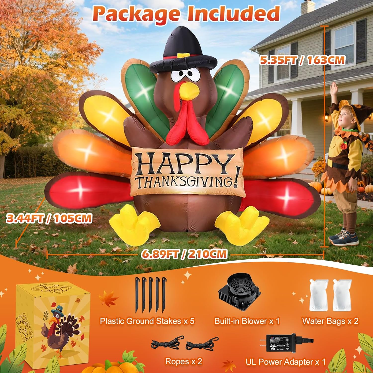MICOCAH 6FT Thanksgiving Inflatables Turkey Decor with Pilgrim Hat & Colorful Tail, Build in LEDs Blow up Turkey Inflatable Outdoor Indoor Lawn Yard Thanksgiving Decorations - Autumn Holiday Harvest