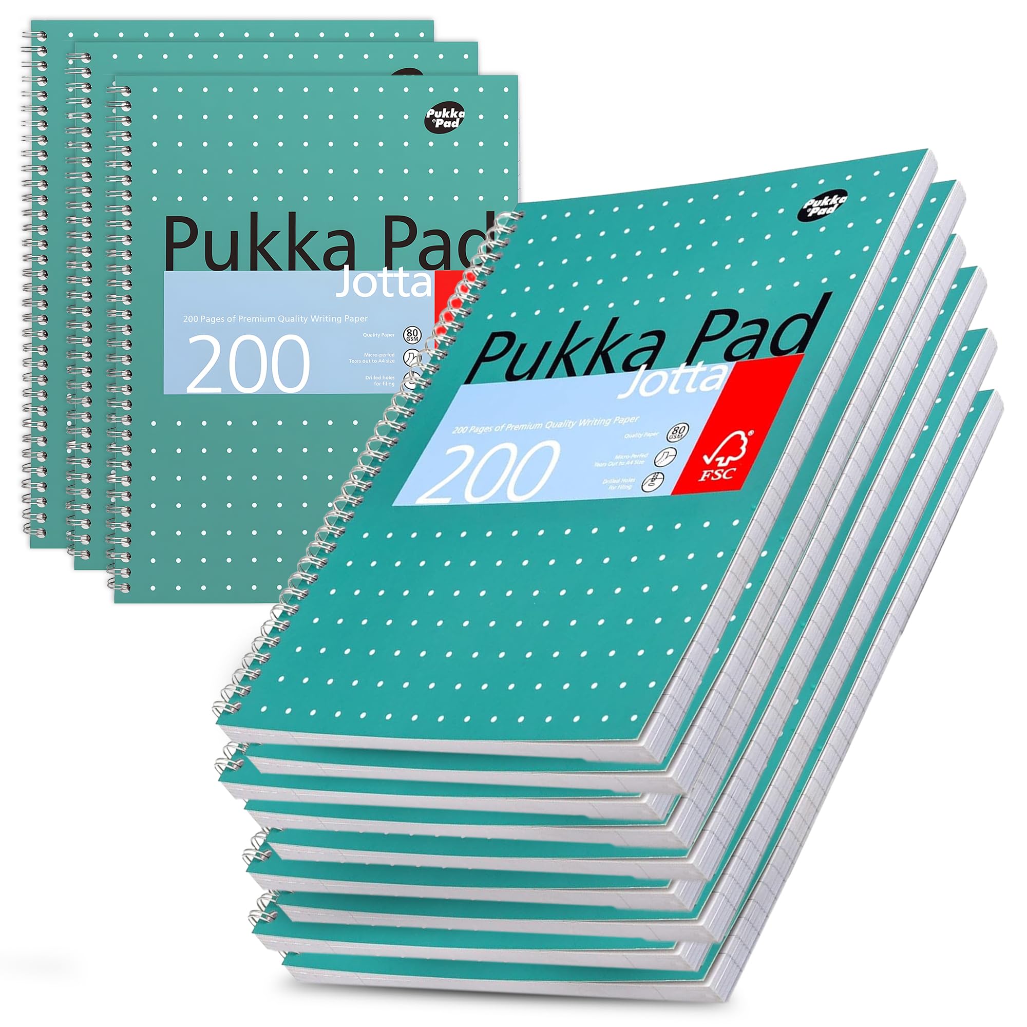 Pukka Pad A4+ Metallic Jotta Notizbuch, 22,5 x 29,6 cm, Spiralbindung, 80 g/m² Papier, 200 Seiten, 8 mm liniert mit 4-Loch-Rändern, perforierte Kanten, Notizbuch für Schule und Büro, Grün, 12 Stück
