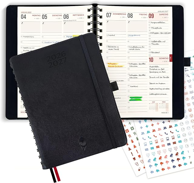 colortouch Terminplaner 2026 2027, Kalender A5, Wochenplaner mit Softcover, Terminkalender Ringbuch auf Deutsch, 30 Minuten-Intervalle Planer, 2 Aukfleber Set, Buchkalender 14 Monate (Juli 26-Aug 27)