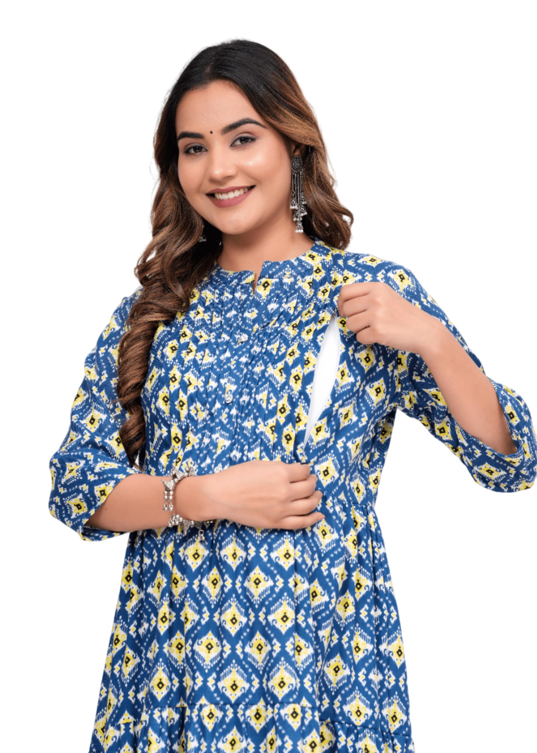 Women's Rayon Printed Maternity Feeding Kurta with Zipper - Women's Anarkali Kurta Flared/A-Line Calf Length Maternity Dresses Feeding Gown-image-27