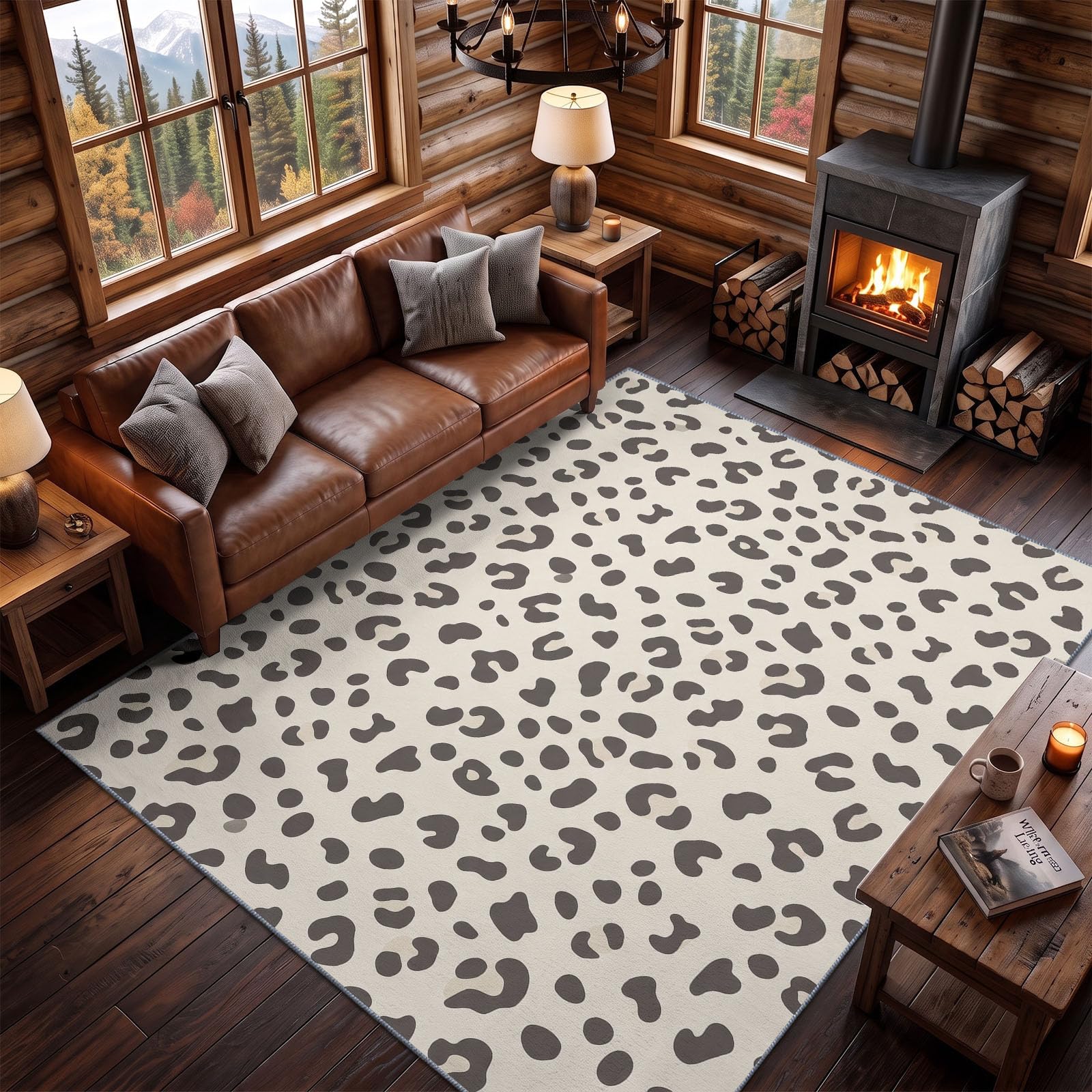 Creme Abstrakt Tier Leopardenmuster Teppich Waschbar Junge Mädchen120 x 180 cm - rutschfest Pflegeleicht Teppich Modern Minimalistisch, für Spielzimmer Jugendzimmer