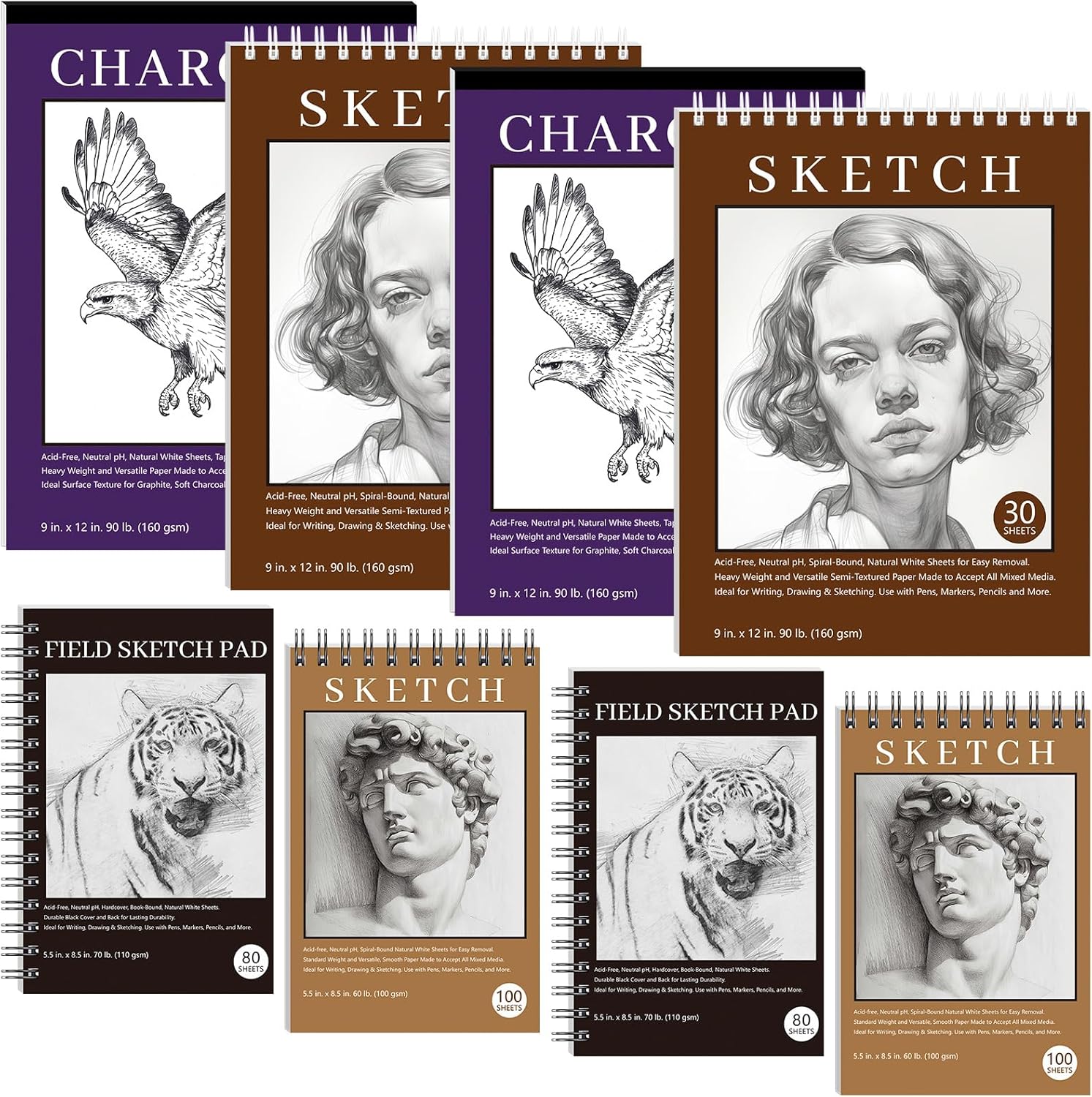 Faccito 8 Packs Sketch Book Bulk for Drawing Sketch Pads 484 Sheets Drawing Paper Set Mixed Media Sketchbook 4 Pcs 9 x 12 Inch and 4 Pcs 5.5 x 8.5 Inch Sketchbooks for Beginners Artists Tracing Paper