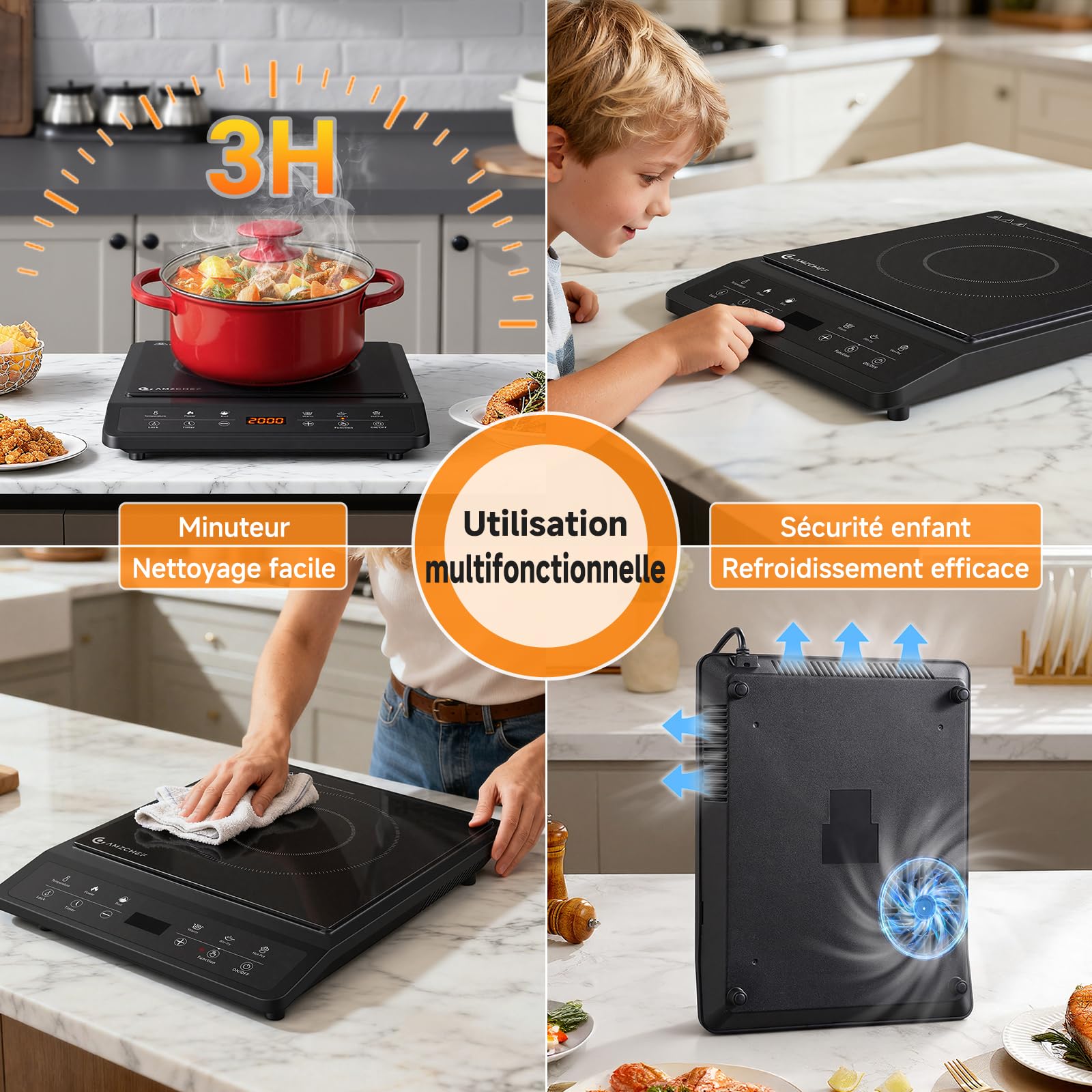 AMZCHEF Plaque Induction, Plaque à induction, 20 Réglages de Rempérature et de Puissance, Design Slim avec Plaque en Céramique Noire, Commande par Capteur, Timer 3H.