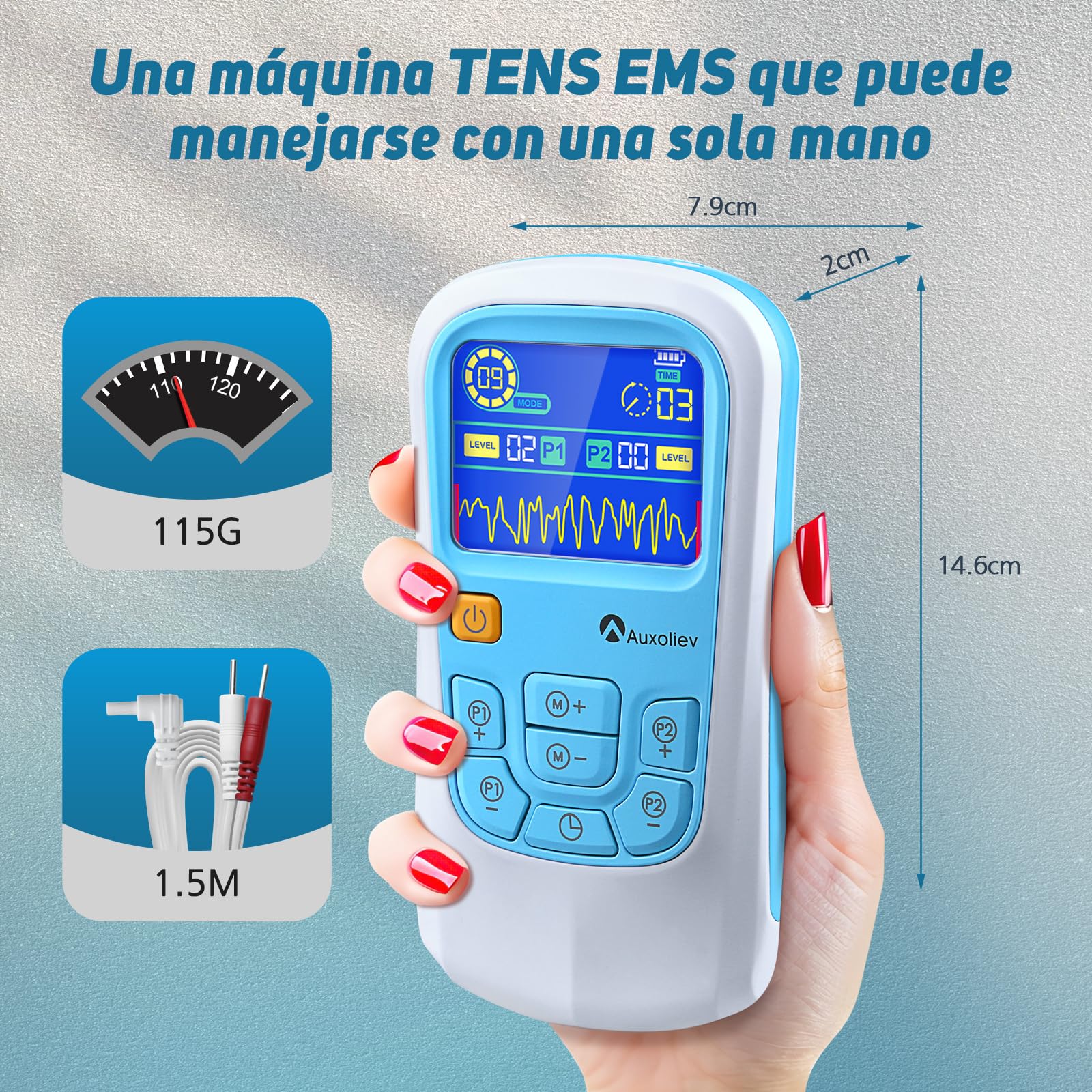 AUXOLIEV Electroestimulador Muscular Función de Masaje, A/B Canales TENS/EMS de Masaje Terapia Maquina, Microcorriente y Carga USB, 25 Modos de Masaje + 50 Intensidad para Largo Plazo (Azul Blanco)