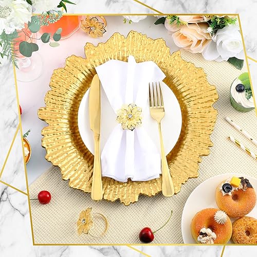 Miniatura 4 de Dandat Juego de 24 platos de carga dorados con servilletero de 13 pulgadas, cargador de placa de arrecife redondo con borde con volantes, cargador
