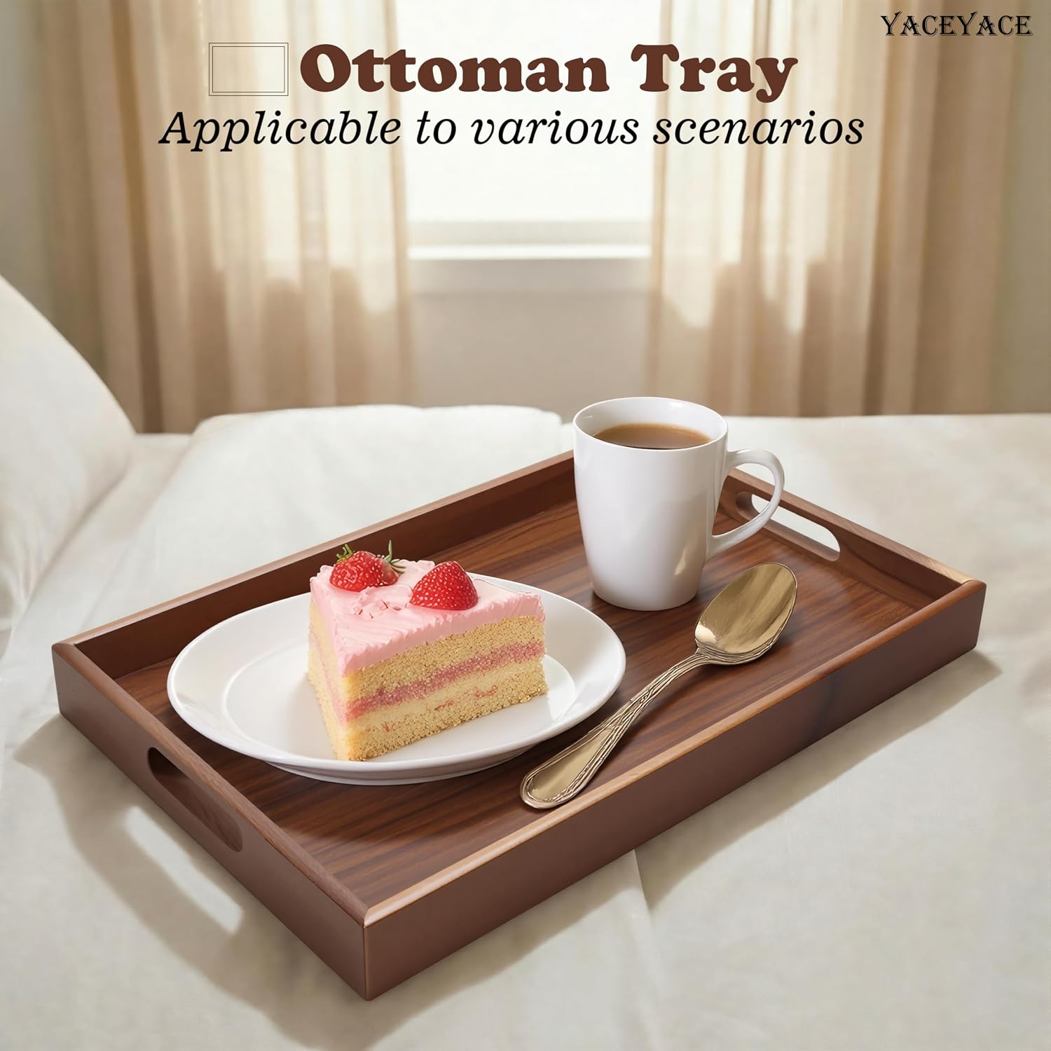 Wood Tray for Kitchen Counter, 12"x8"x1.5" Small Serving Tray with Handle for Ottoman, Coffee Table, Kitchen, Home Decor, Bathroom