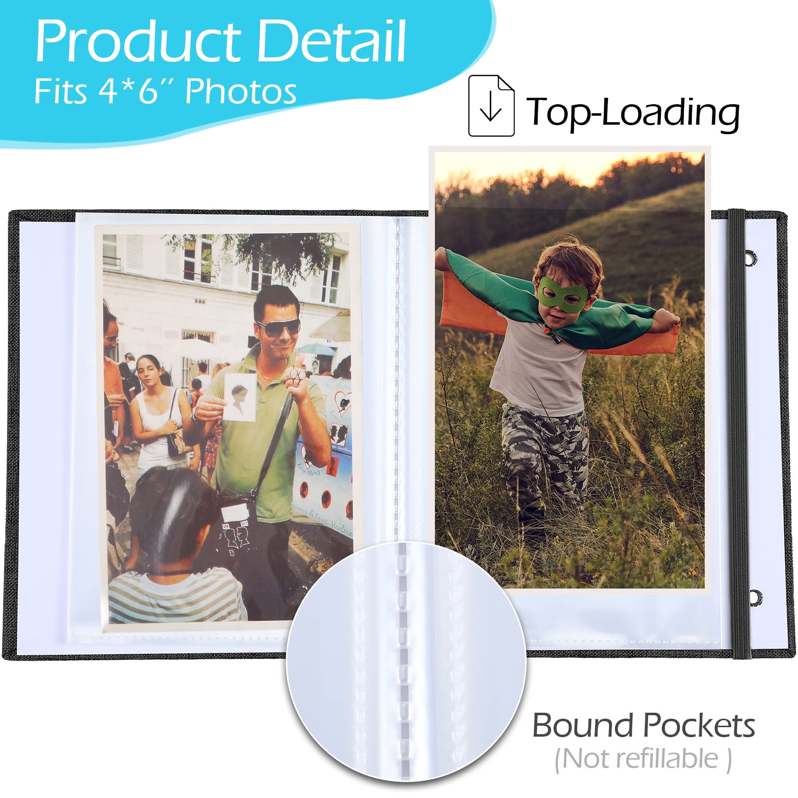 Álbum de fotos pequeño de 10 piezas de 4 x 6 pulgadas, 26 páginas transparentes con capacidad para 52 fotos, cubierta de lino, álbum de fotos con ventana frontal (negro)