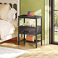 Vista 2 de SUPERJARE - Mesita de noche con estación de carga, con cajón de tela ajustable, para dormitorio, mesa auxiliar de almacenamiento de 3 niveles