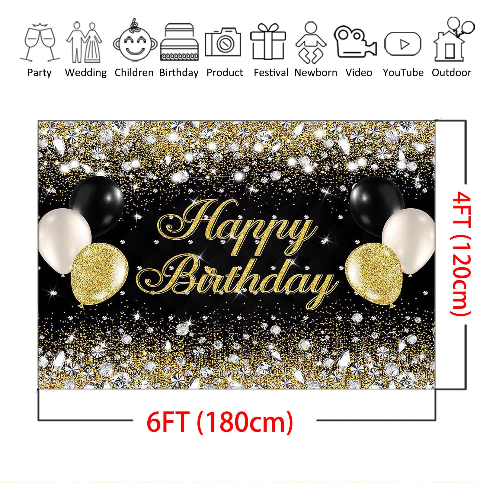 Fotohintergrund Schwarz Gold – 300x250 Cm, Bokeh Ballons, Für Geburtstagsfotos & Partydekoration