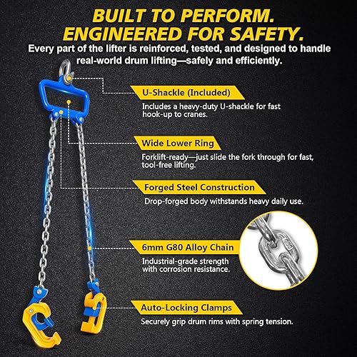 Miniatura 6 de Levantador de tambor de cadena  Abrazadera de tambor vertical de 2200 libras con gancho de autobloqueo  Equipo de manejo de tambor de capacidad de 1