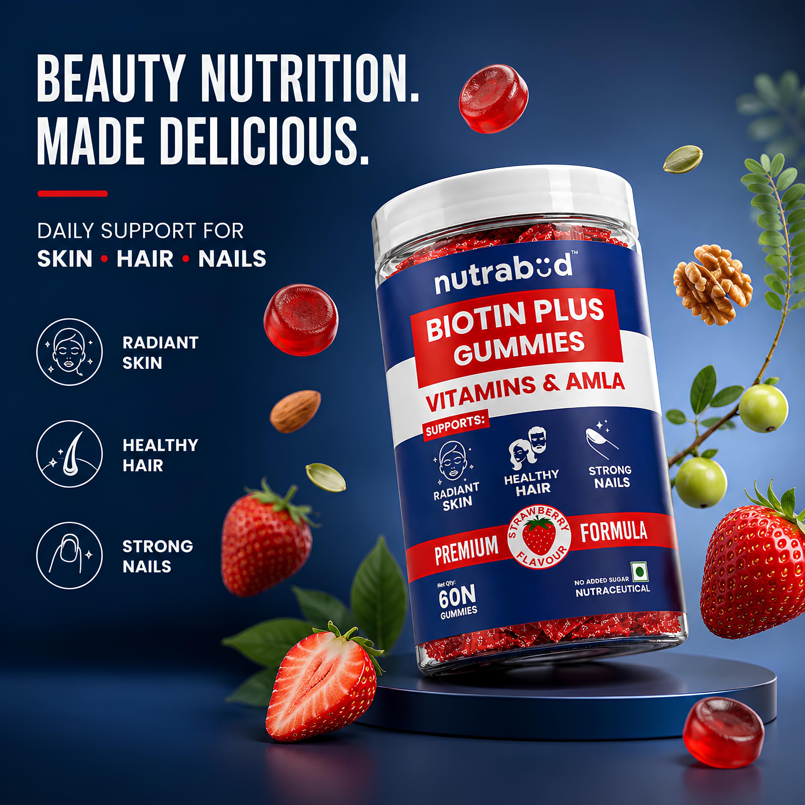 Nutrabud Biotin Hair Gummies For Women, Men | No Added Sugar | For Healthy Hair Growth, Skin Glow & Strong Nails | Strawberry Flavor Veg Gummy Bear Supplement - 60 Count (Pack of 1) 2