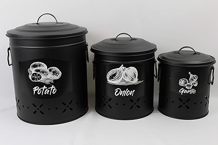 Amazon 金属製食品保存容器 玉ねぎ ジャガイモ ニンニク キッチン収納容器 3個セット ブラック Cicilia S 調理器具