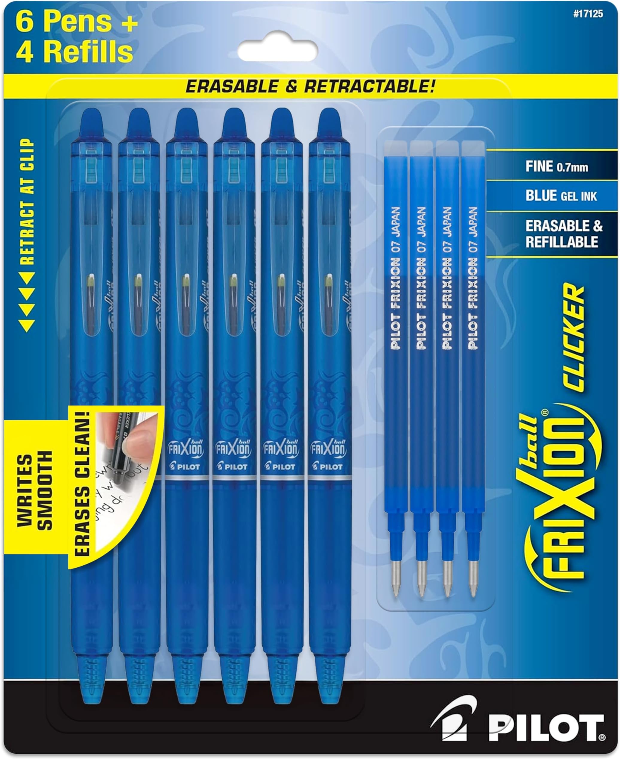 FriXion Erasable Pens Fine Point, 0.7 mm - for Rocketbook & Notebook, Pack of 6 Blue Erasable Gel Pens + 4 Bonus Refills