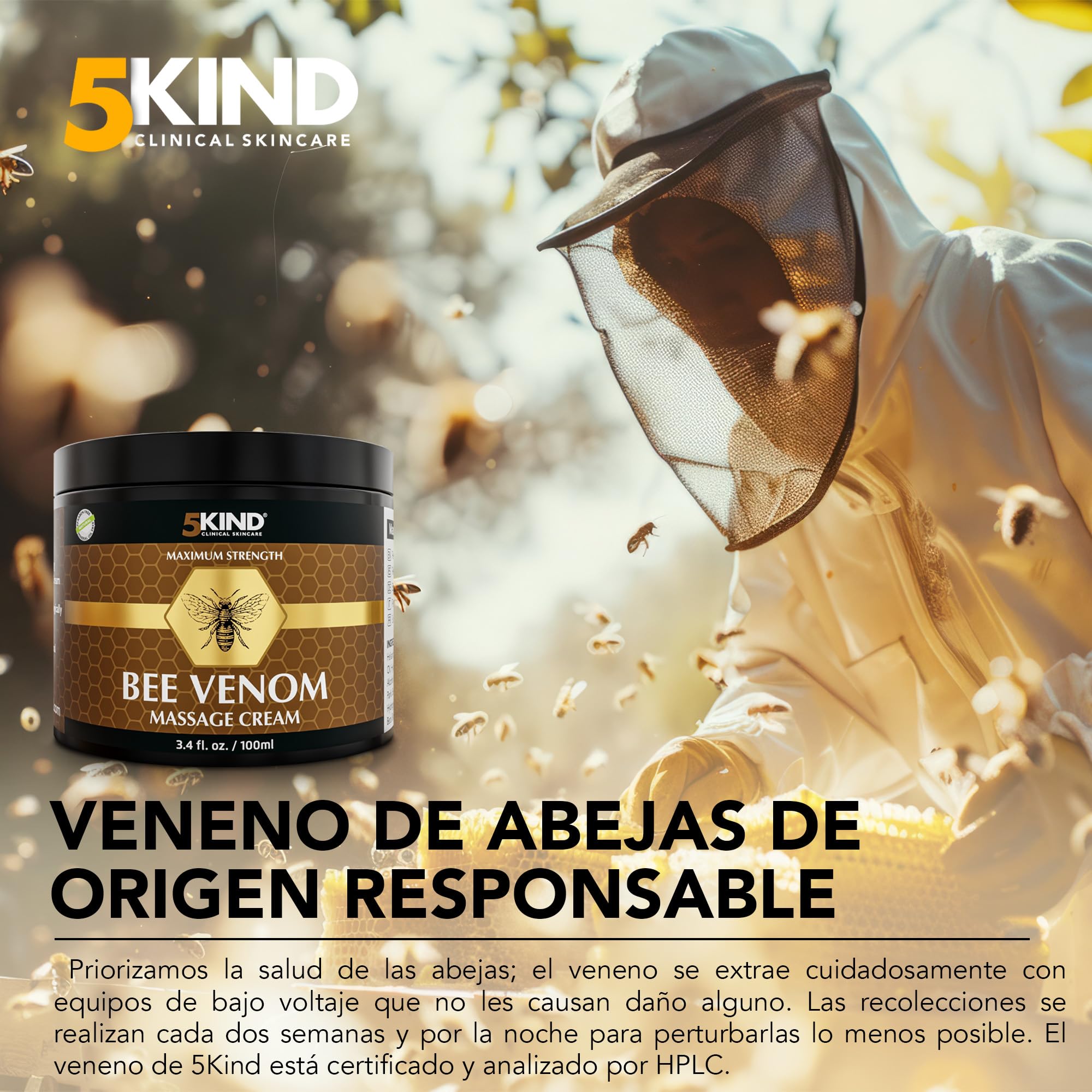 5Kind Veneno de Abeja Crema Maximum Strength 100ml - Crema Veneno de Abeja - Masaje Natural para Músculos, Zona Lumbar, Rodillas, Cuello, Hombros & Pies - De Origen Responsable Bee Venom Cream