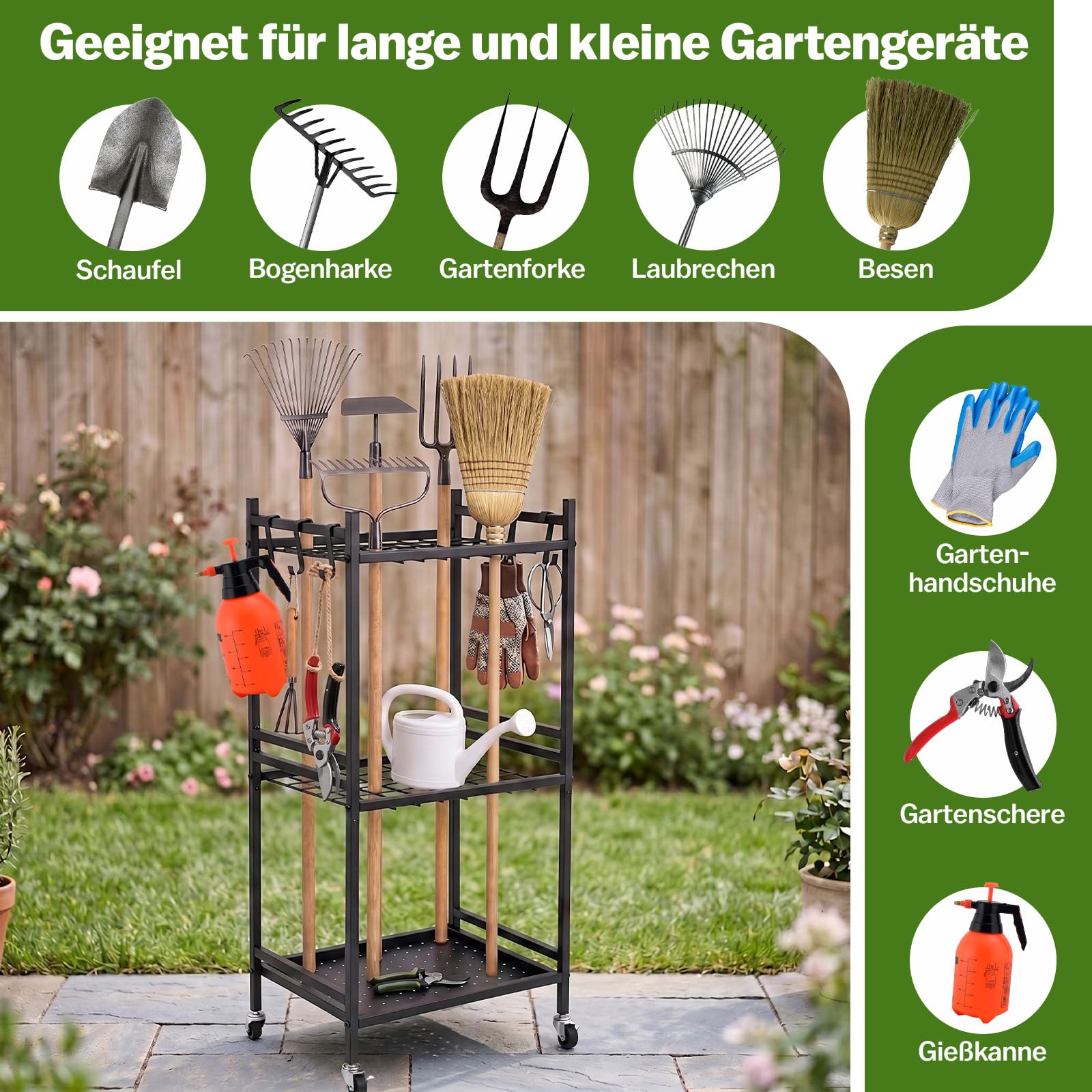 Gartenwerkzeug Organizer auf Rollen, Gartengeräte Aufbewahrung Ständer