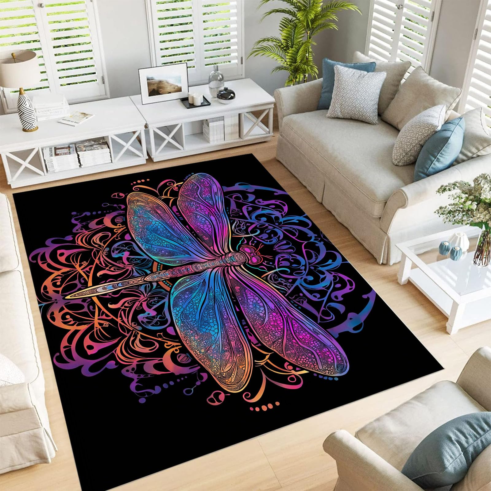 Tapis charbon noir libellule mandragore 120x180cm pour chambre et salon