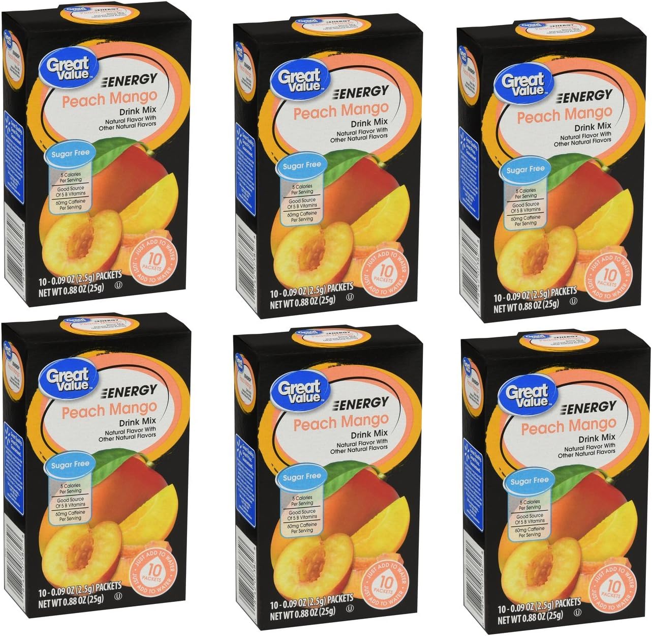 Great Value Sugar Free, Low Calorie ENERGY Peach Mango Drink Mix (Pack of 6)
