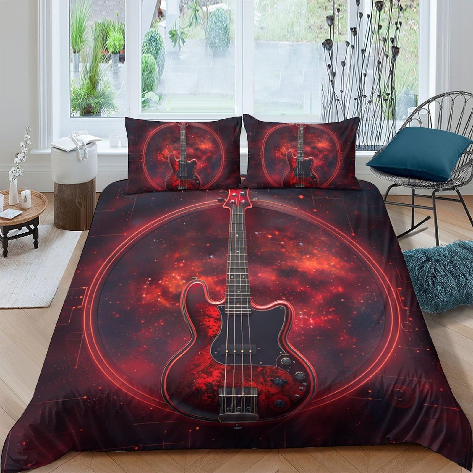 Ctjqhvkz Style-1 3D Printed Electric Guitar Fitted Sheet Microfiber Red Smoke Bed Cover For Bedroom Dorm Mattress Decor Single（135X200cm）