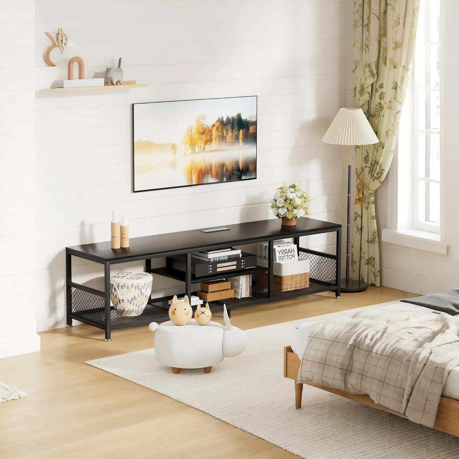 VECELO TV Stand with Power Outlets for Televisions up to 80Inch, 70" Media Entertainment Center with Charging Station 3-Tier Open Storage Shelves with Metal Frame for Living Room/Bedroom，Black