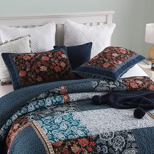 Miniatura 3 de Yvooxny Juego de edredón de 3 piezas tamaño King, colcha acolchada de retazos reales con fundas de almohada para todas las estaciones, rosa azul