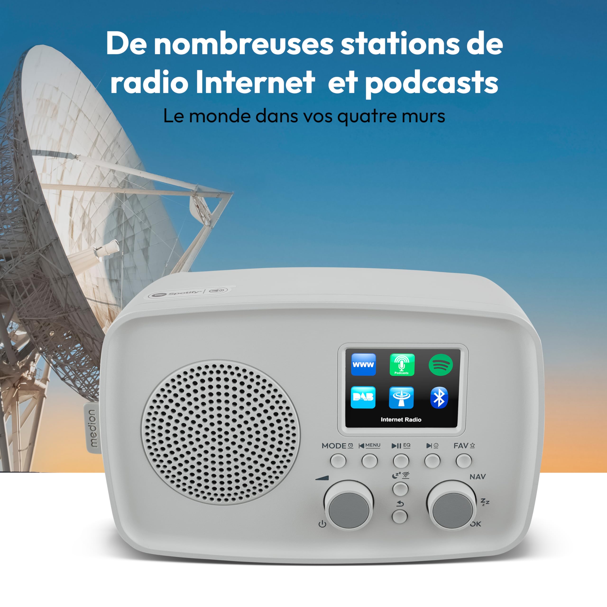 MEDION Radio Internet avec Dab+ IRE-1 (Dab+, Wi-FI, FM, Bluetooth, étanche, antenne télescopique, Spotify Connect, réveil, minuterie, dimmer) Gris