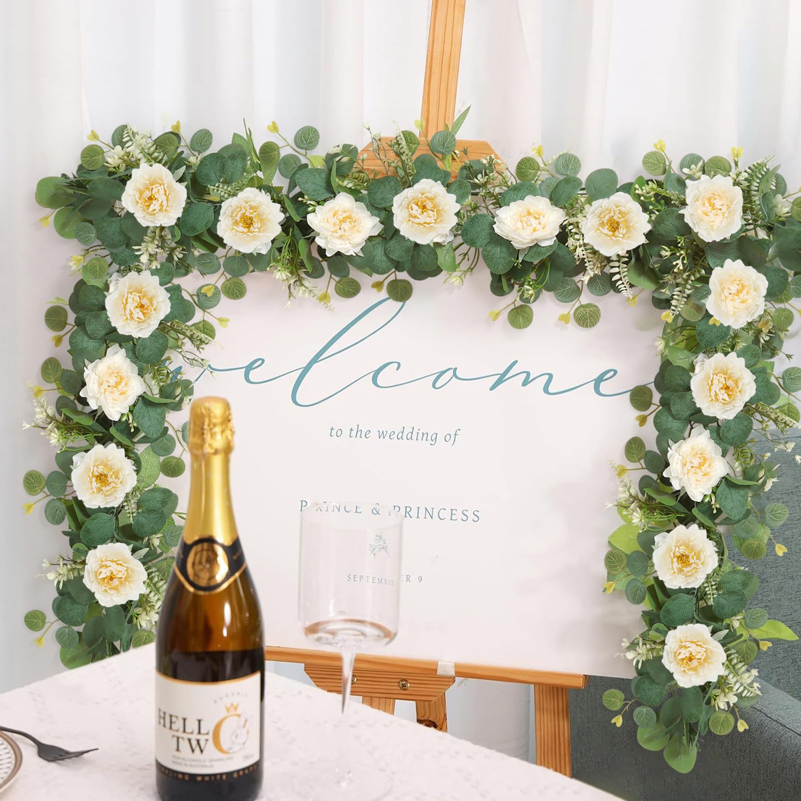 DEMIUKO Künstliche Eukalyptus-Girlanden mit Blumen, künstliche Pfingstrosen, Rose, Blumen, grüne Girlande, Blumenranken für Hochzeit, Tischläufer, Bogen, Party, Zeremonie, Hintergrunddekoration (4