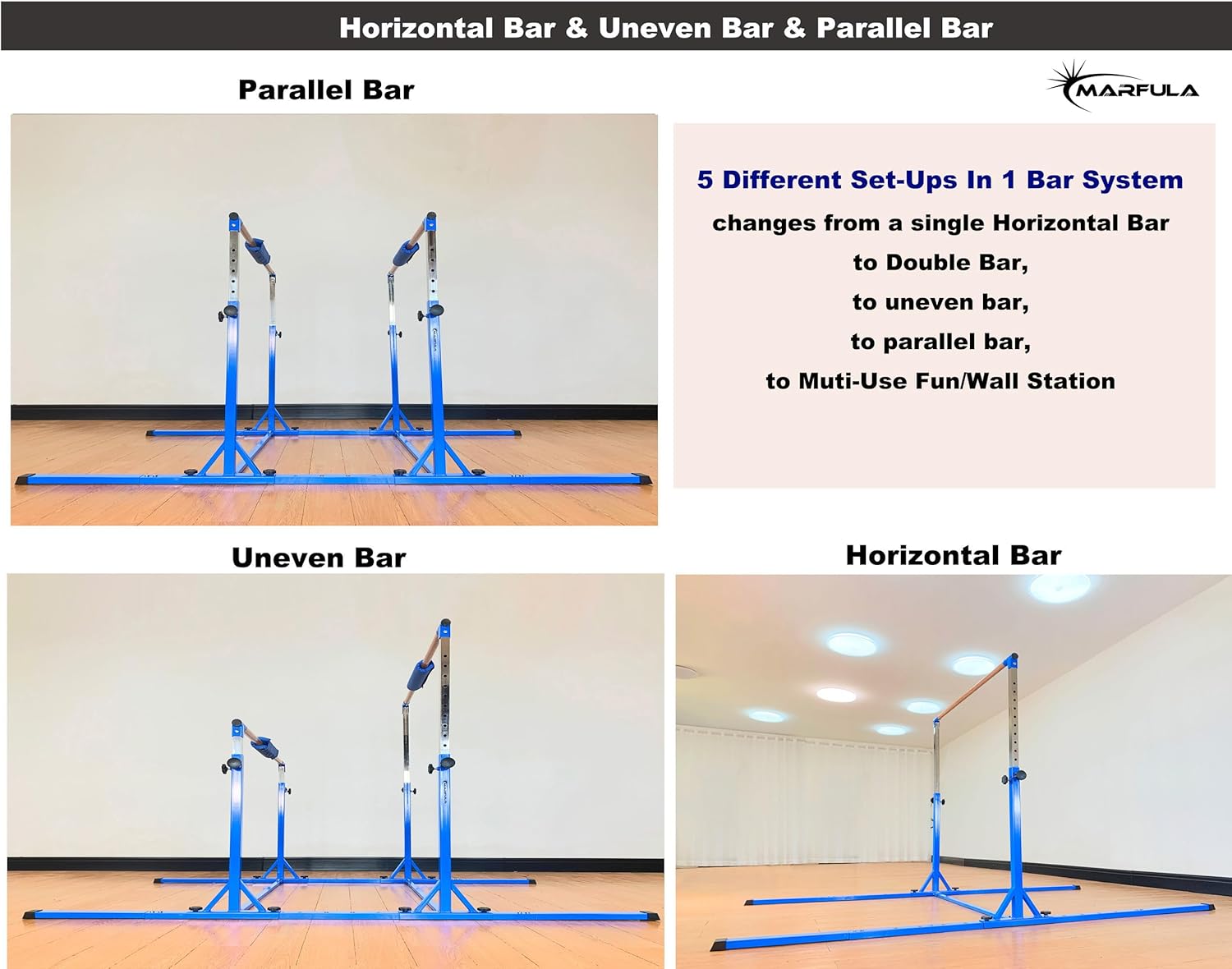 marfula gymnastics double horizontal bars 3play parallel bars uneven bars gymnastics training kip bar with 304 stainless steel regulating arms & fiberglass rail for indoor outdoor home club use parallel bar light blue