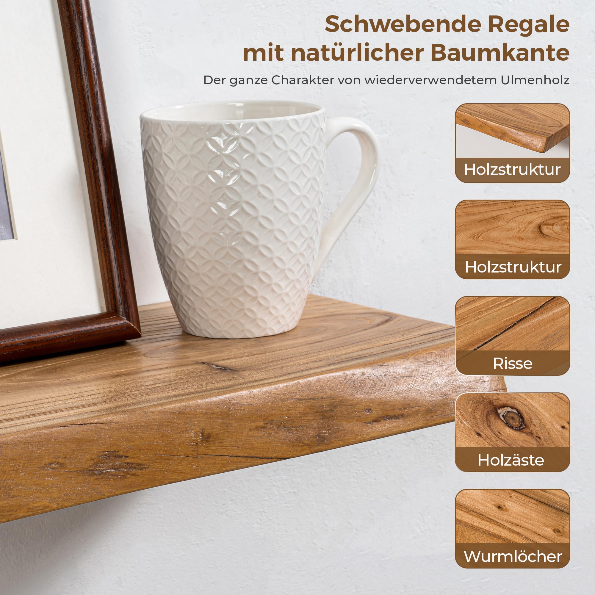 Axeman Schweberegal 2er Set mit Baumkante aus recyceltem Ulmenholz Massivholz – 40 x 20 x 3.5 cm Wandregal mit unsichtbarer Halterung für Wohnzimmer Küche Schlafzimmer Flur Büro in Natur