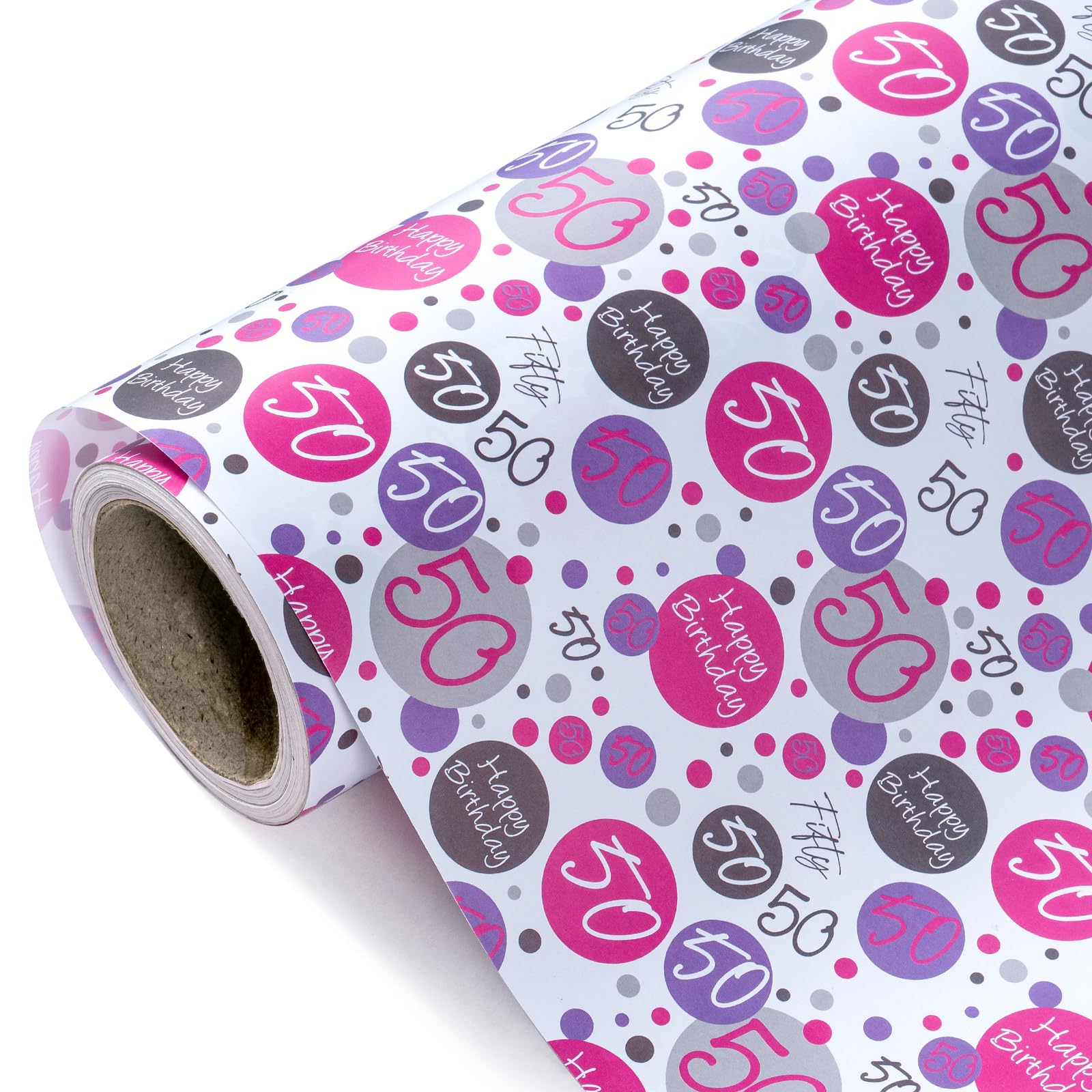 WRAPAHOLIC 50th Birthday Wrapping Paper - Mini Roll - 17 Inch X 33 Feet - Pink 50th Bday Design for Birthday, Party, Holiday