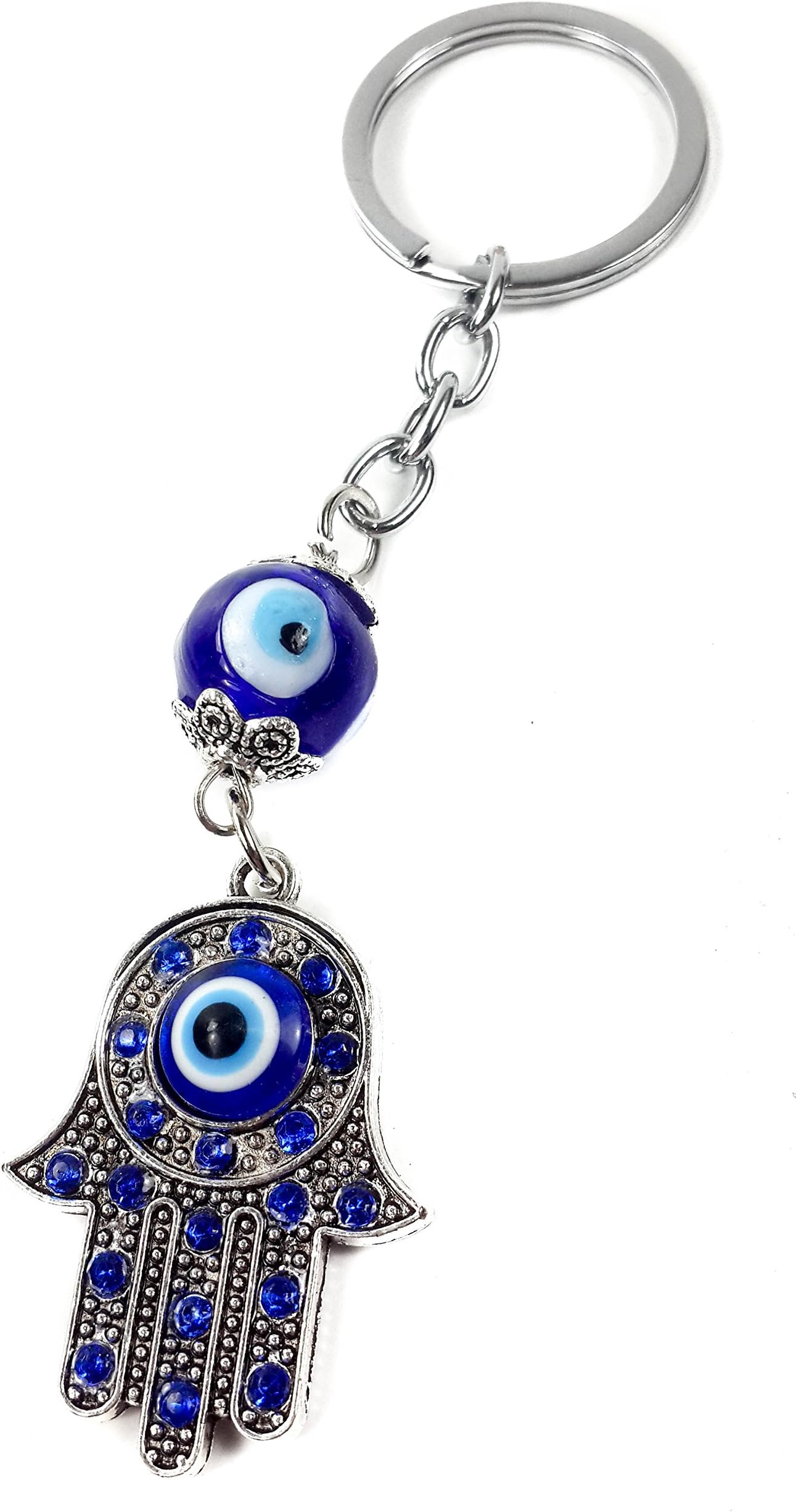 Evil Eye Silver Hamsa Keychain Hand Fatima Protection Charm Key holder Good Luck Keychain - Amulet