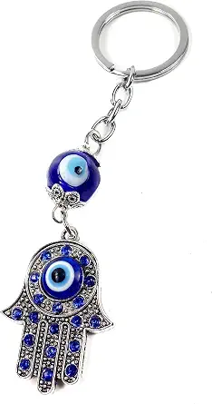 Nazareth Store Evil Eye Silver Hamsa Keychain with Fatima Hand - Good Luck Charm