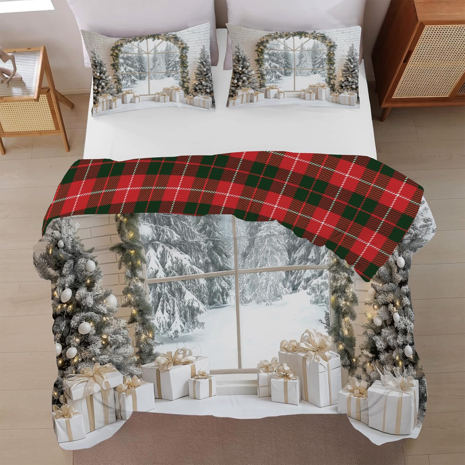 Funda de edredón reversible King de ventanas navideñas y juegos de cama suaves