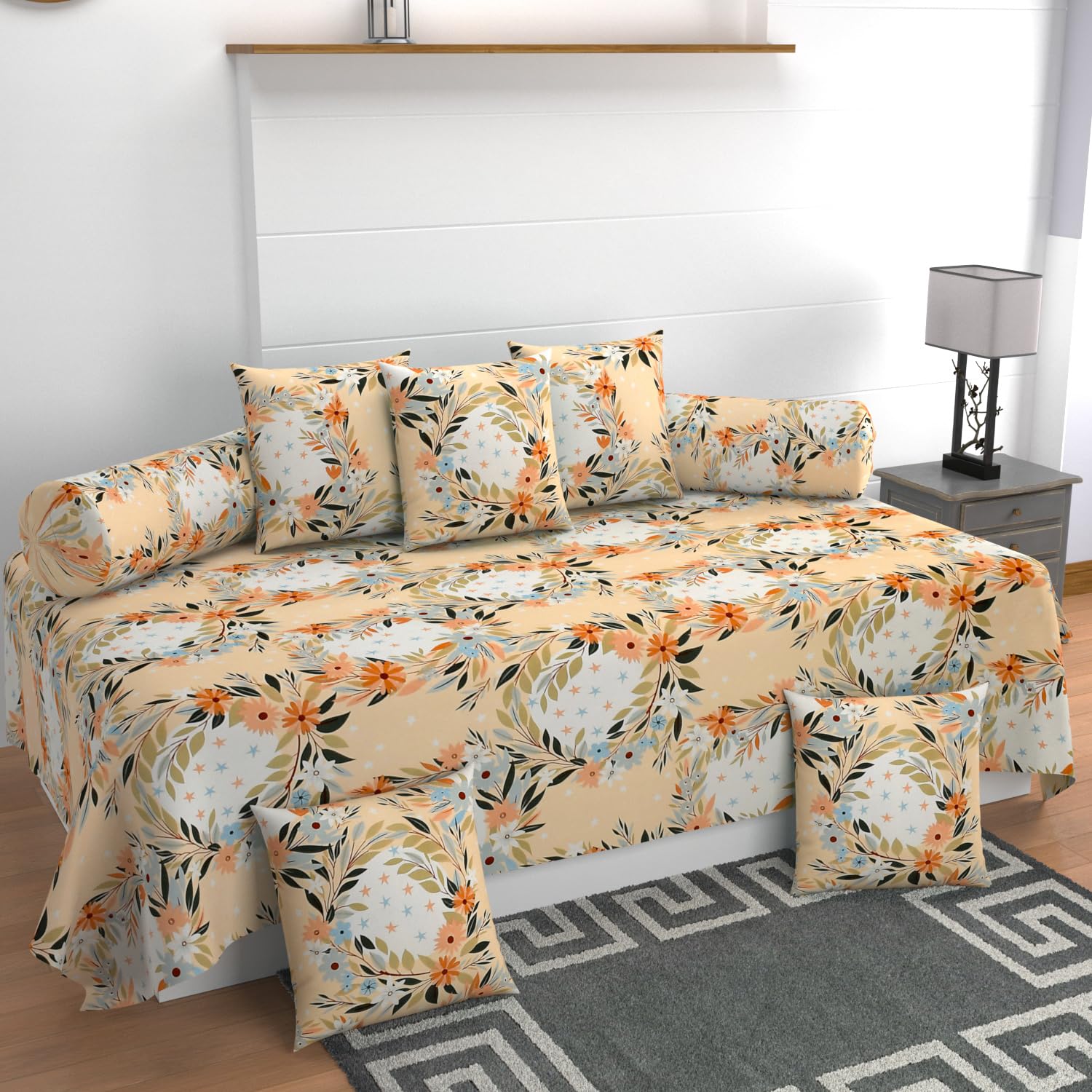 MANIQATEX Floral Print Diwan Set with 5 Cushion Covers and 2 Bolsters, Peach and White-image-47