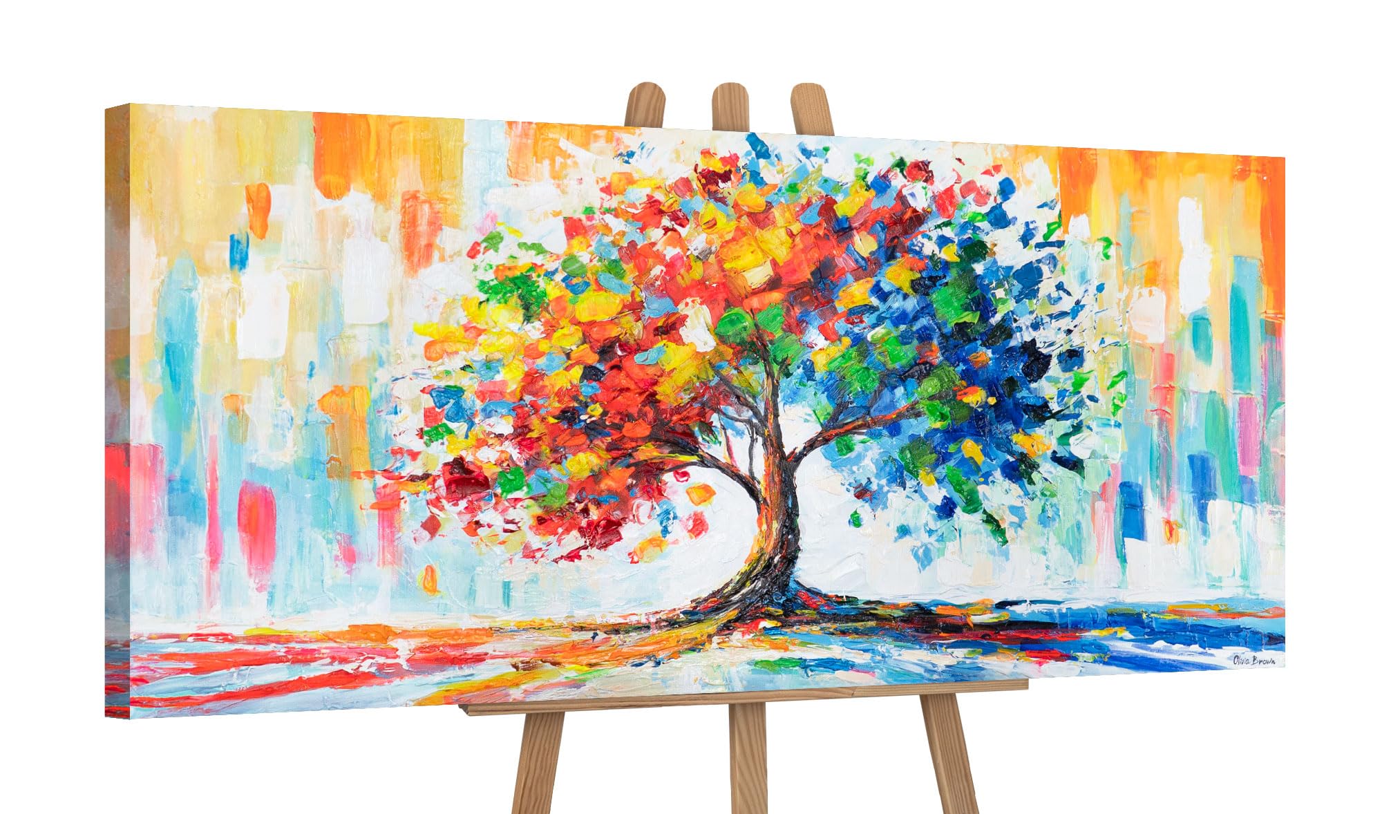 YS-Art Original Handmade Colorful Tree Painting Abstract Acrylic Canvas Wall Art Modern Nature Artwork for Living Room Bedroom Office 45x20 inch
