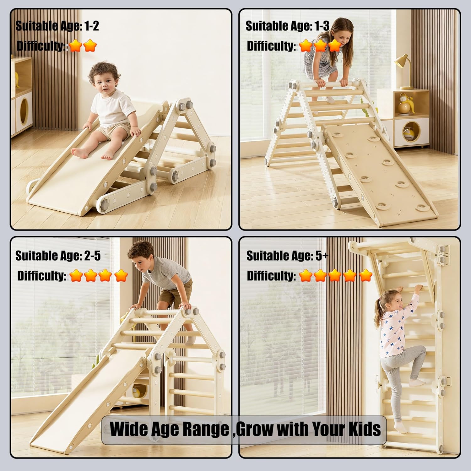 Montessori Climbing Set,Kids Pikler Triangle Set,Plastic Toddler Climbing Toys,Multifunction Foldable Indoor Kids Gym with Slide(Gray)