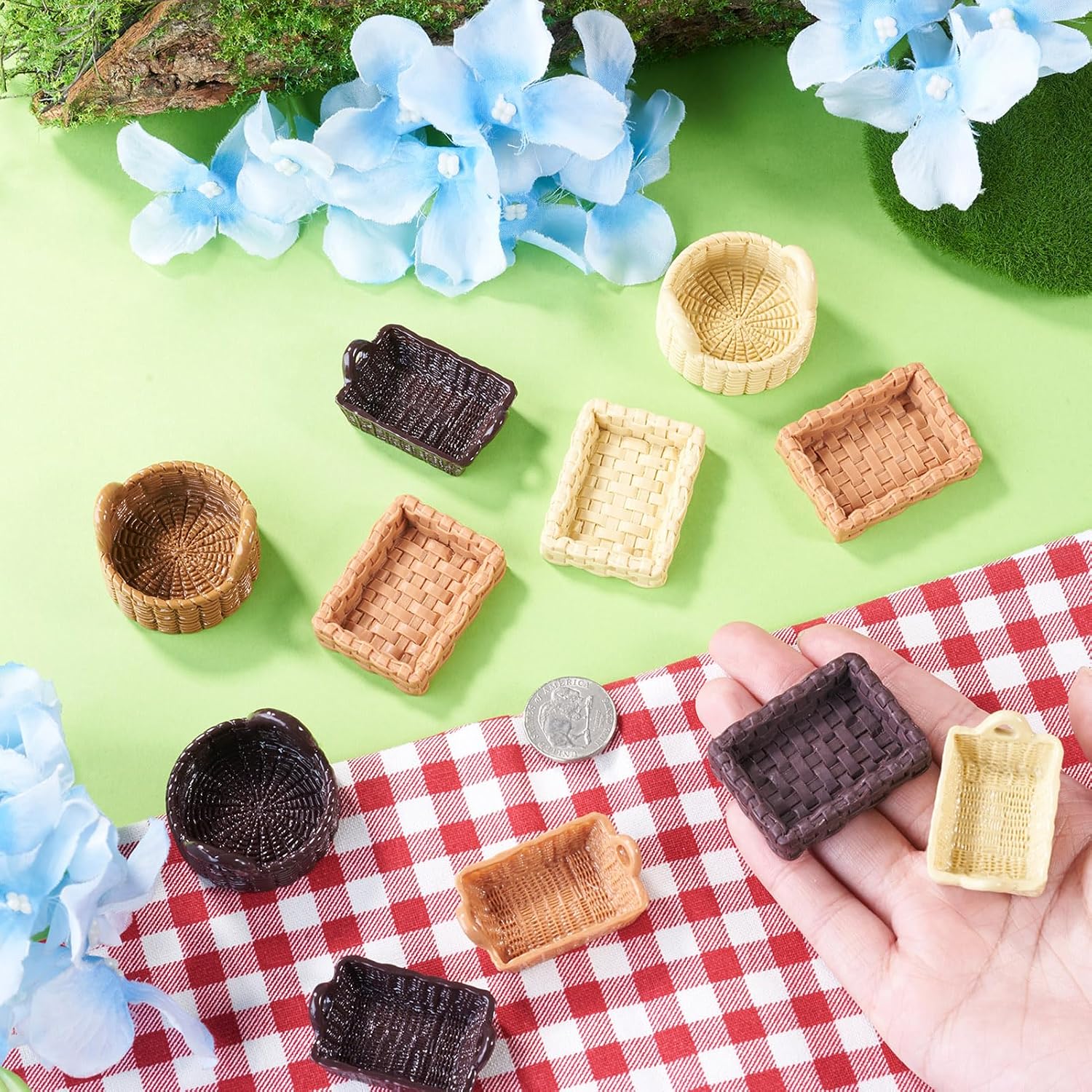 18Pcs Miniature Dollhouse Basket Ornaments, Mini Tray Food Bread Rattan Basket Figures Tiny Tray Tableware Kitchen Accessories for Micro Garden Landscape Pretending Prop Decor image 4