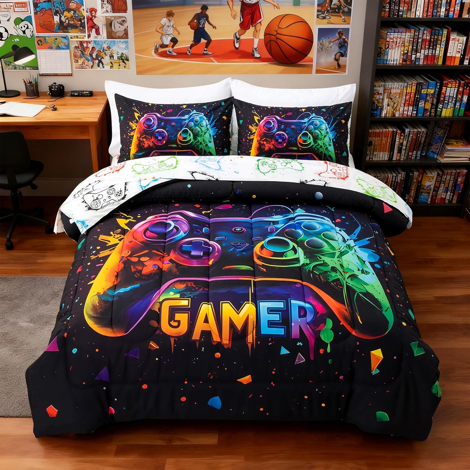 Holawakaka Twin Size Gaming Console Bed in A Bag 5 Pieces for Boys Gamer Comforter with Sheets Set for Kids Teens Graffiti Video Gamepad Quilt Bedding Set, Multi-Color Twin - Image 3