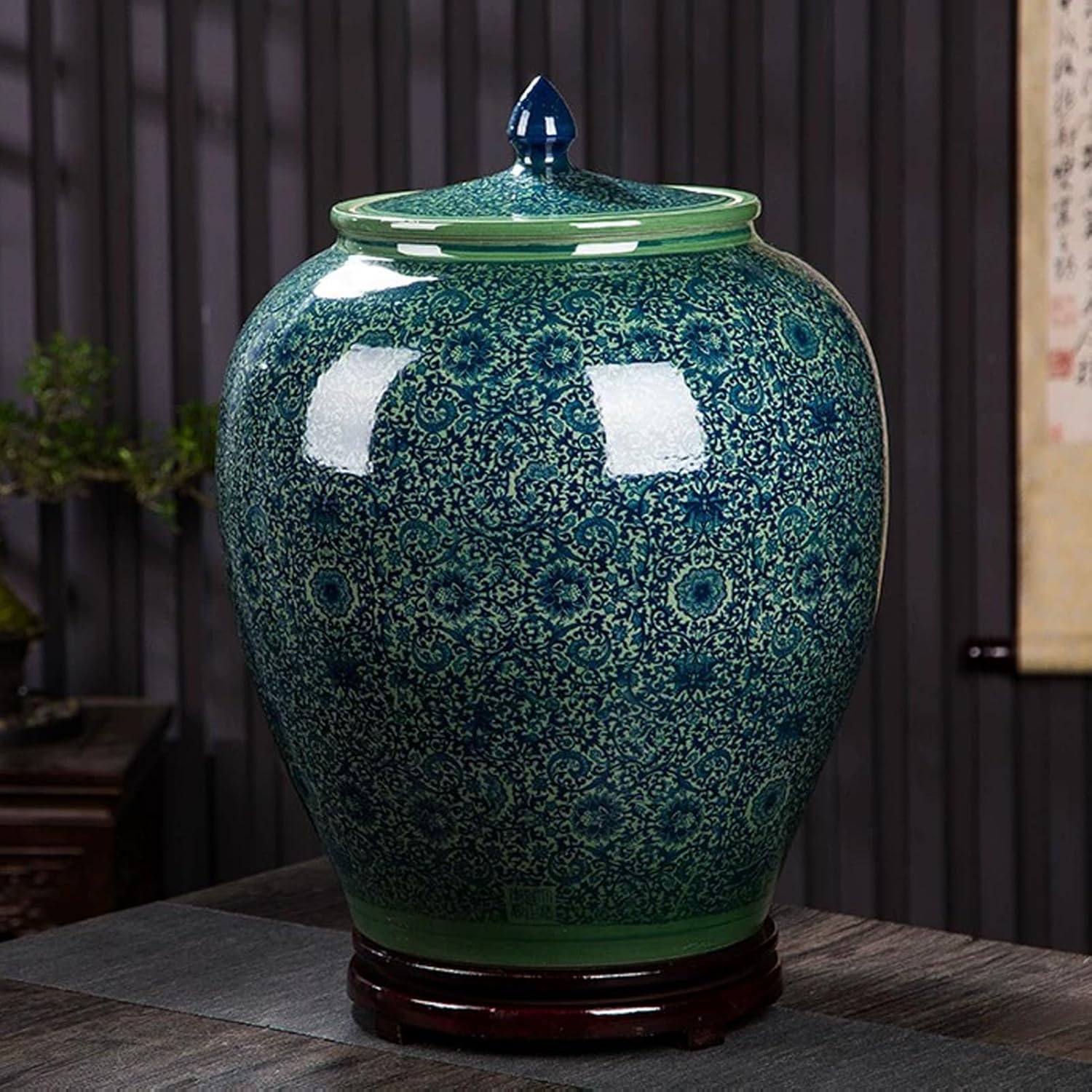 JKGHK Ceramic Rice Bucket, Ceramic Rice Jar with Lid, Grain and Rice Storage Ceramic Container, Sealed Food Storage Container, for Beans Corns Wheat(GreenB,50kg)