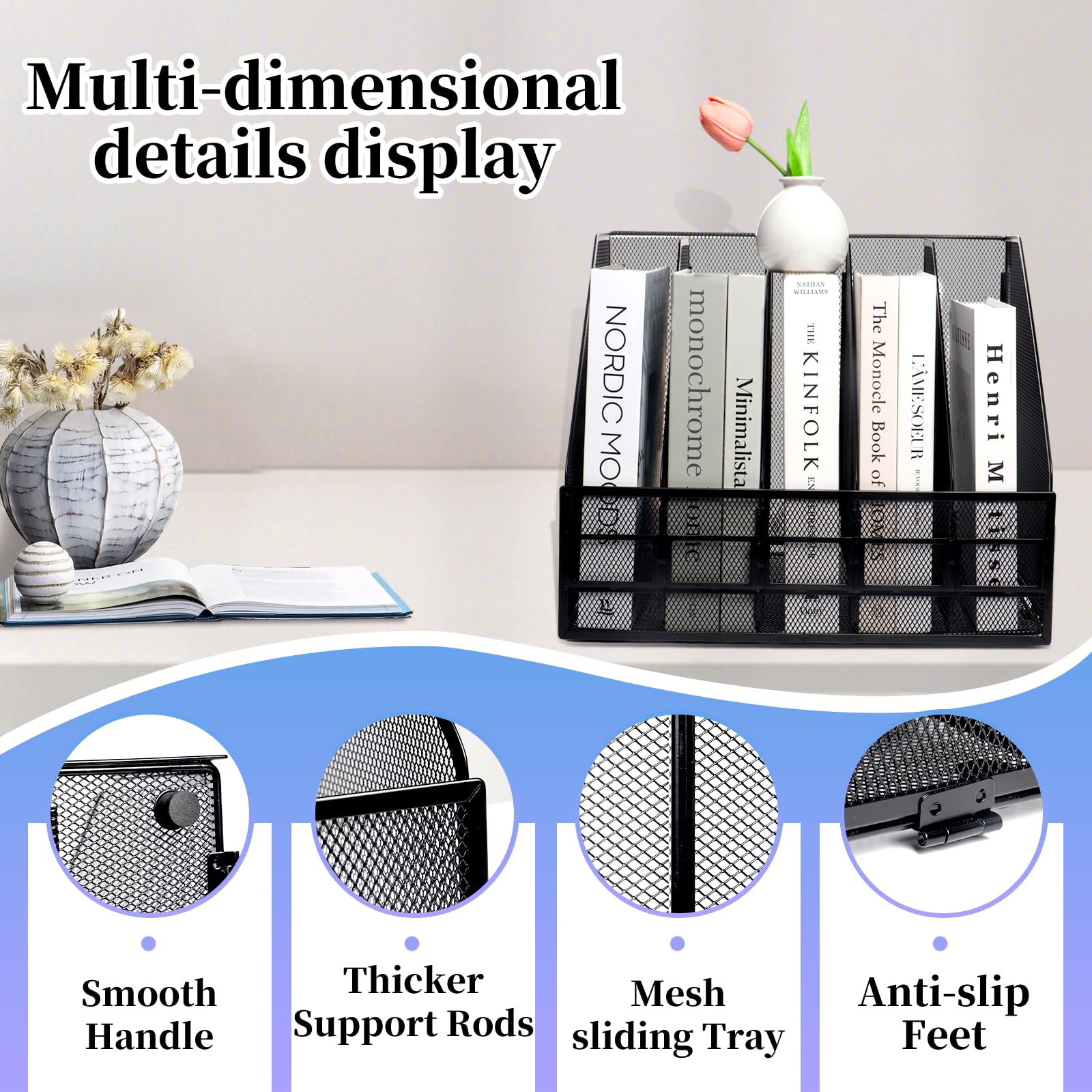 HMXLJJY Mesh Metal A4 Magazine File Holder, Desktop 5 Sections Document Holder Office File Storage Rack for Desk Tidy, Paper Organiser Filing Rack,5 Compartments,(Black) - Image 3