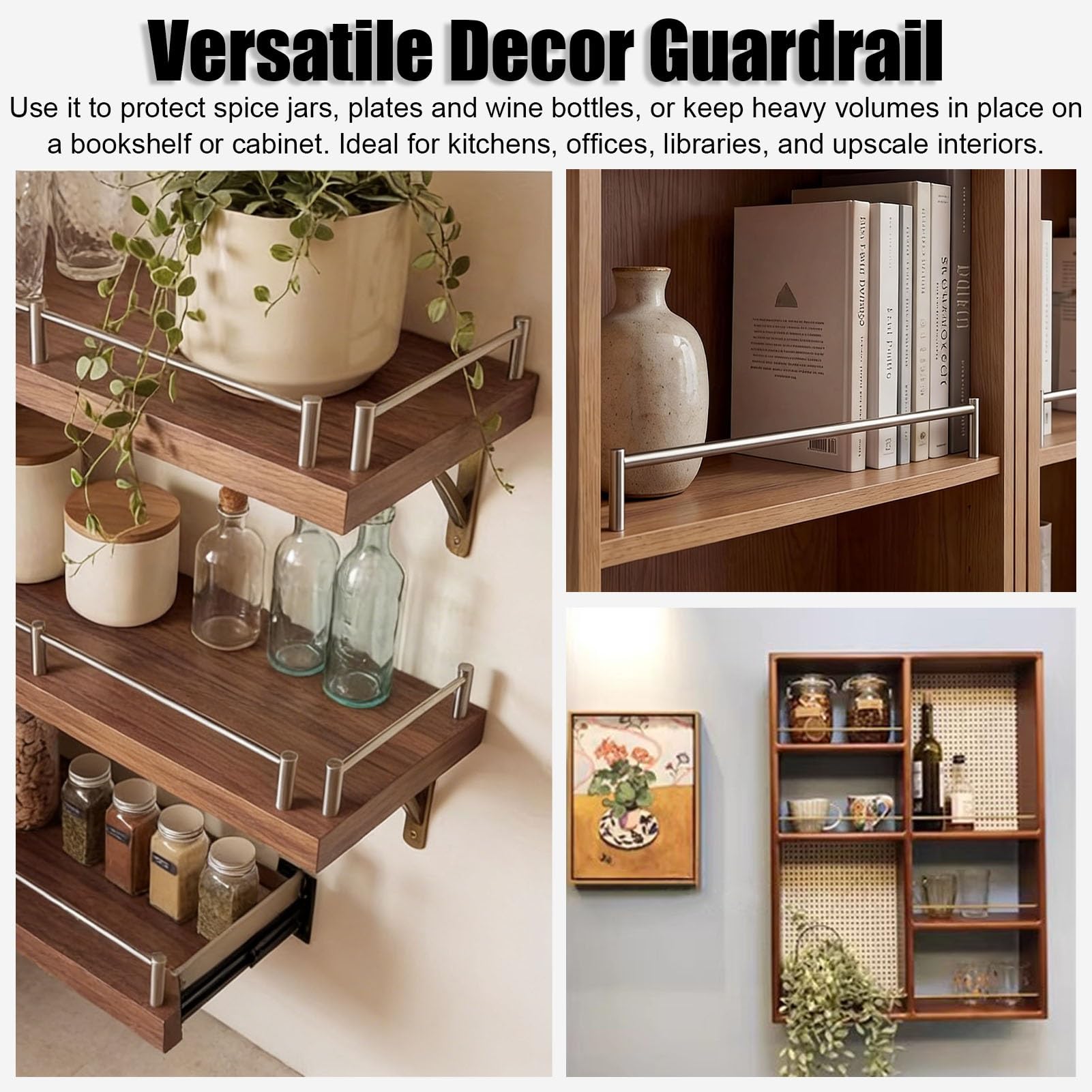 Vibeo Regalgeländer Hängeregalschienen aus Edelstahl, 30–90 cm Lang, Schrankgeländer-Set mit 2 Pfosten, Kippsicherung für Flaschen, Weinflaschen und Bücher(8 Pack,45cm/17.7in)
