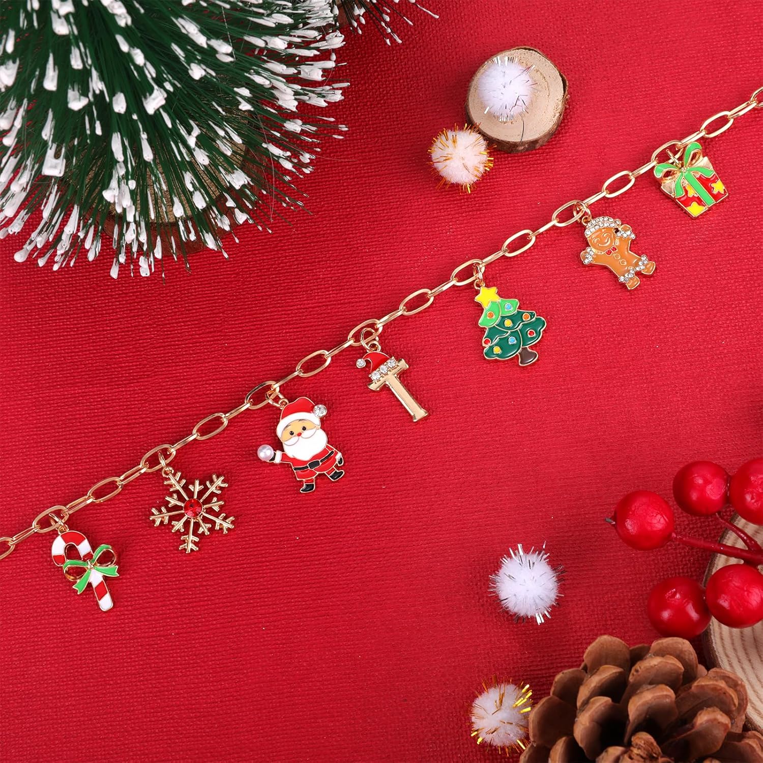 NEKOL Christmas Initial Letter-T Charm Necklace for Women, Candy Canes Snowflakes Santa Claus Christmas Tree Gingerbread Man Gift Box Colorful Holiday Charms Necklace for Personalized Christmas Gifts - Image 4