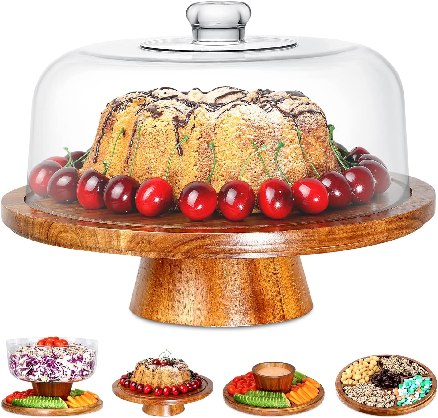 Acacia Wood Cake Stand with Clear Acrylic Dome Cover - 6-in-1 Multifunctional Cake Holder, Serving Platter, Salad/Punch Bowl, Veggie Stand, Snack Tray - Extra Large