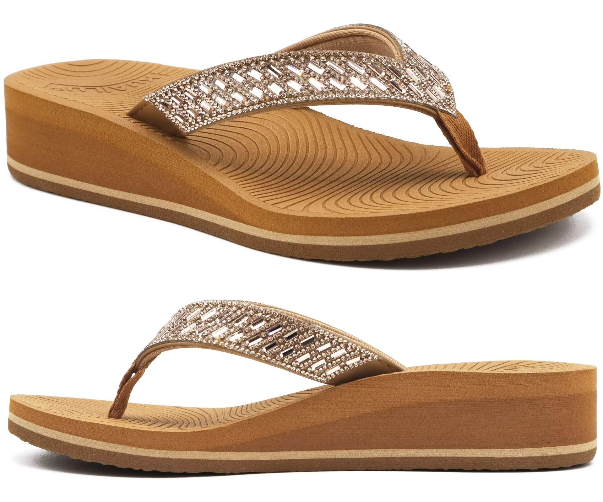 KuaiLu Women's Rhinestone Platform Arch Support Flip Flop Sandals