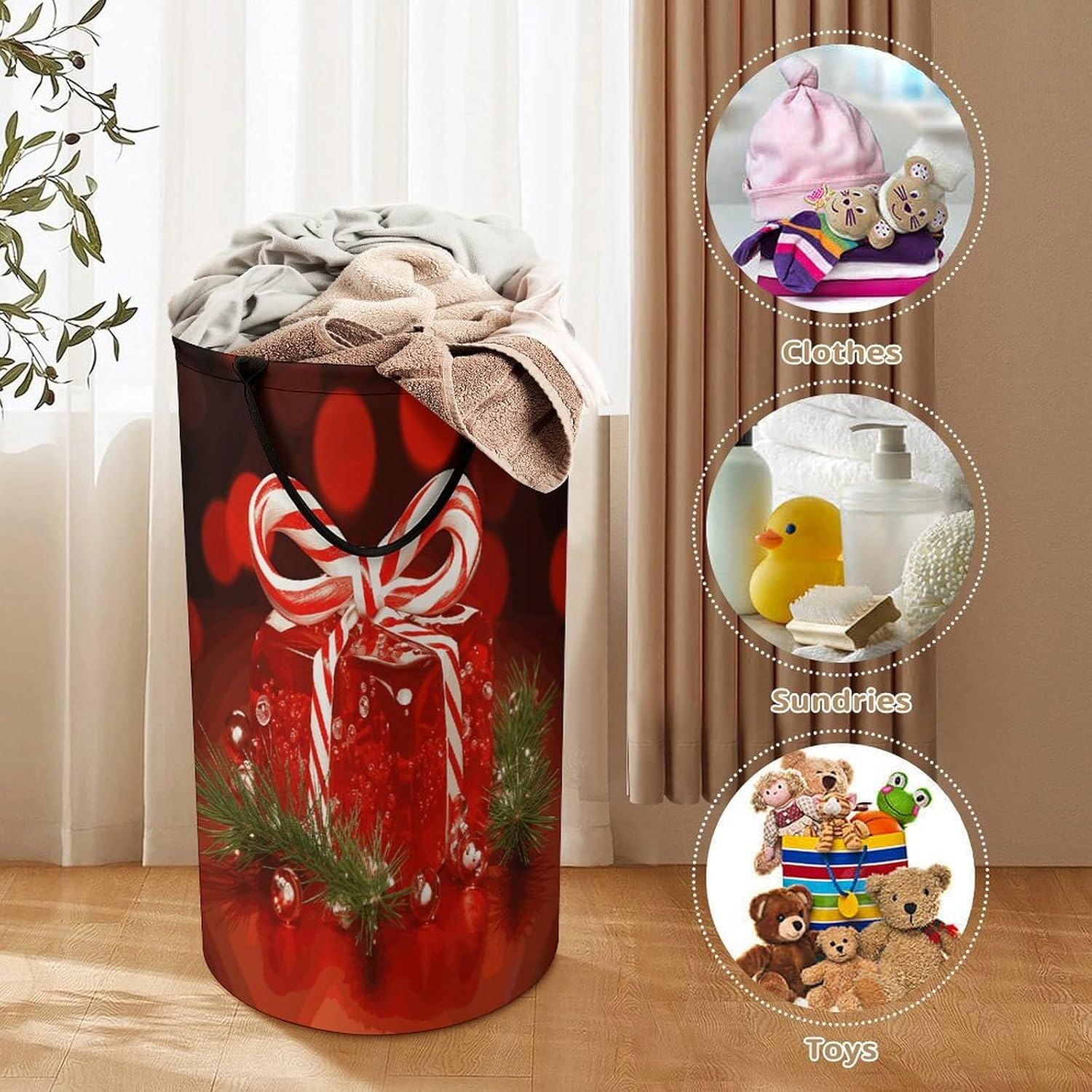 Red Christmas CandyLaundry Hamper - Large Dirty Clothes Bag.Storage Basket for Easy Carry Handles. Large Clothes Basket with Handles, Clothing Storage Bucket Toy Organizer for Bathroom Bedroom Dorm.