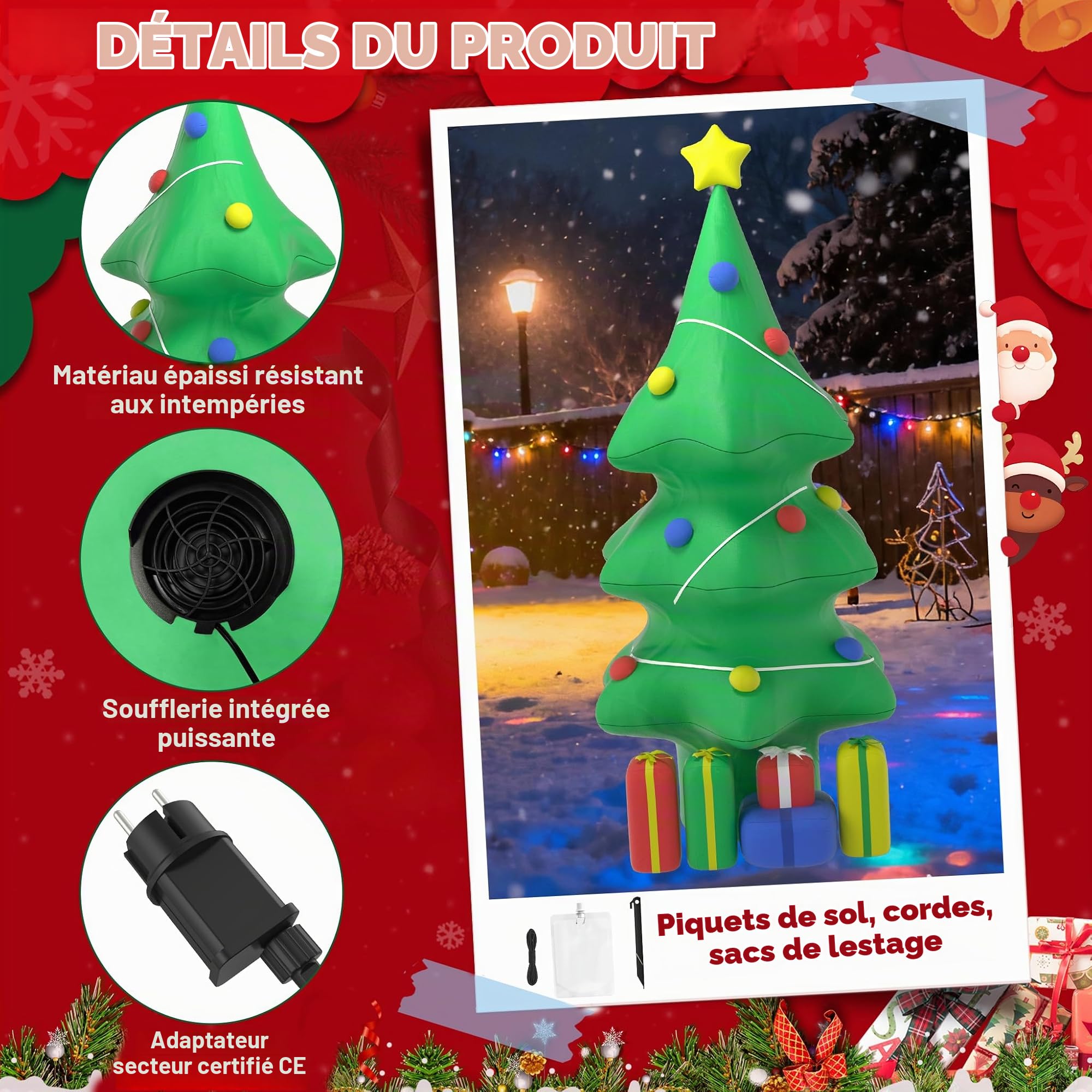 LZQ Décoration de Noël gonflable - 150 cm - LED blanche - Avec cadeau - Figurine de Noël gonflable pour l'extérieur et l'intérieur - Décoration de Noël pour jardin, terrasse, balcon