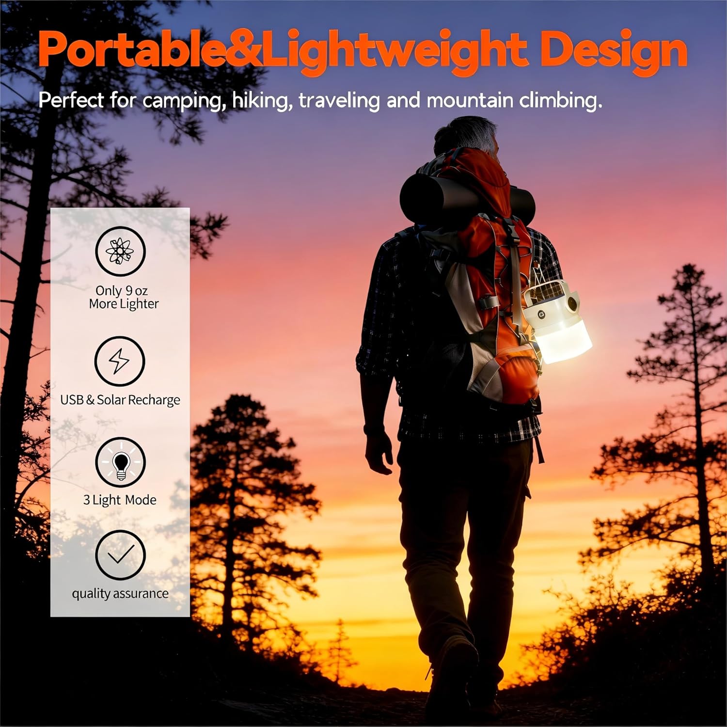 V.C Formark Solar Camping Lantern - Dual Charging (USB-C & Solar), Battery Display, 3 Modes + Flashlight, Lightweight for Camping & Emergency Power Outages