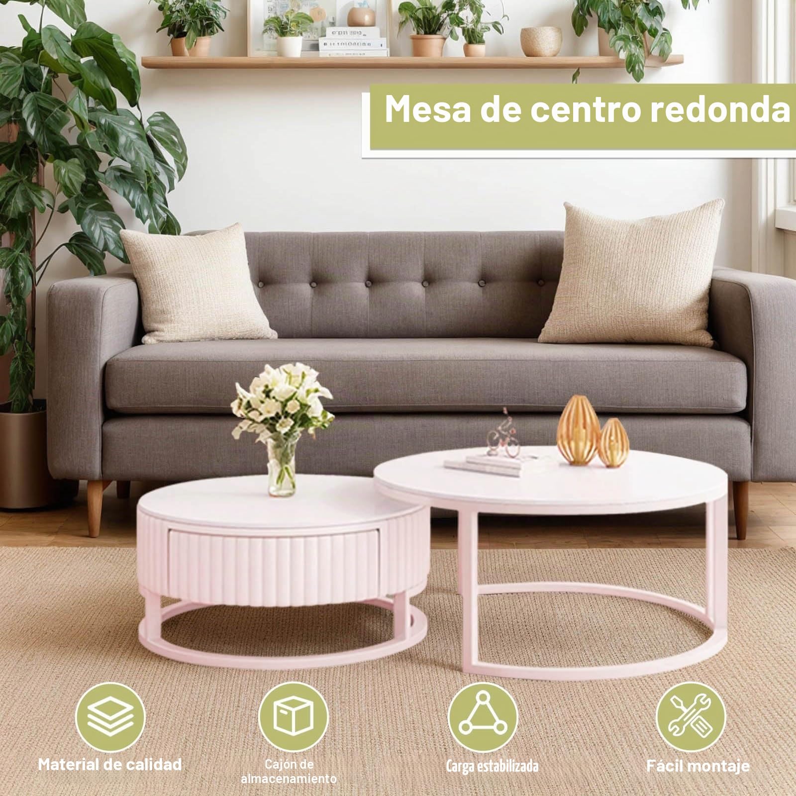 Mesa De Centro Redonda Blanca Con Madera Y Cajones Moderno Mesa De Centro De Mármol Mesa Nido Juego De 2 Mesas Auxiliares Para Salón Robusto Armazón Metálico