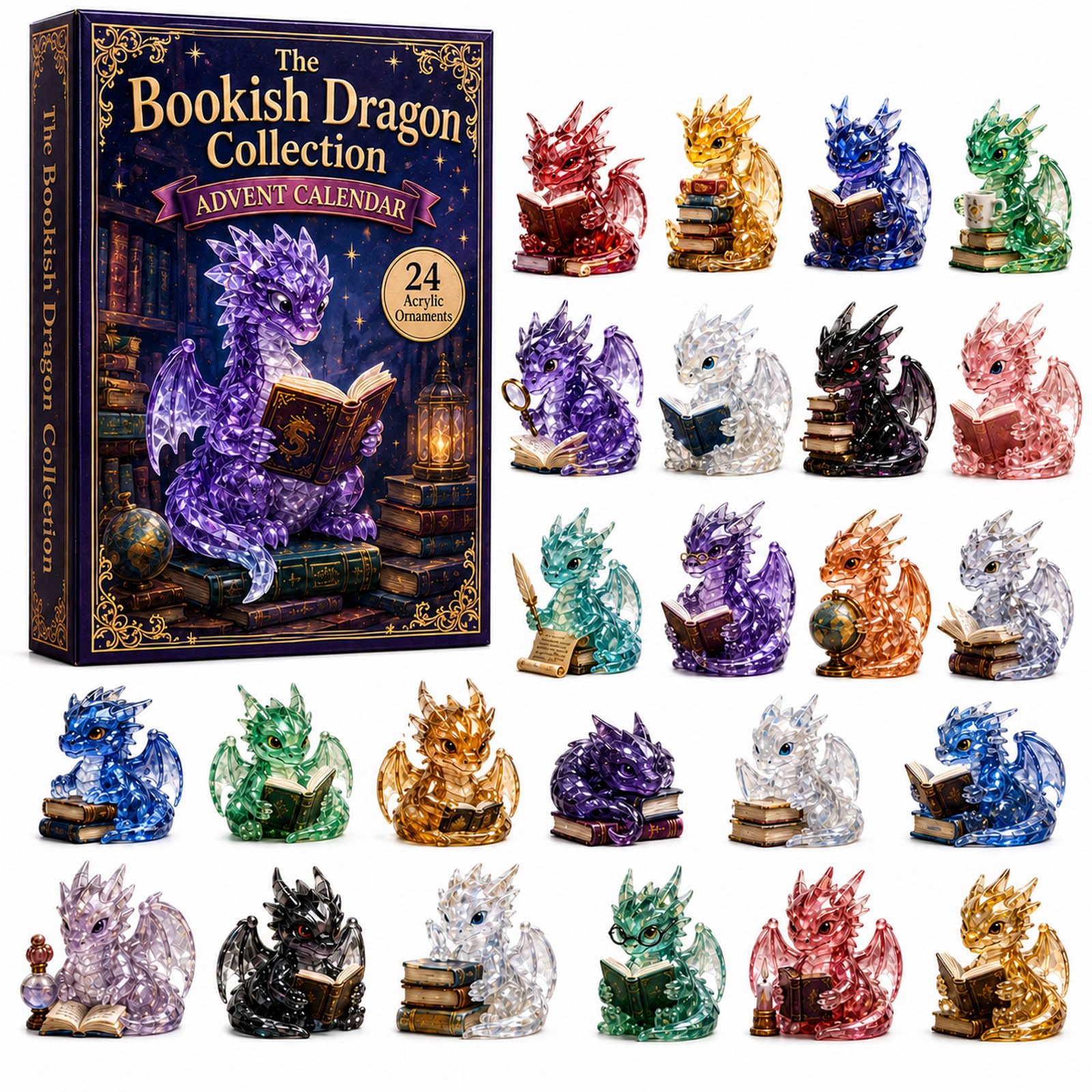 Crystal Dragon Advent Calendar - 24 Day Bookish Dragon Countdown Calendar with 24 Mini Crystal-Look Dragons, Fantasy Book Lover Gift for Adults Teens Fantasy Readers & Holiday Display